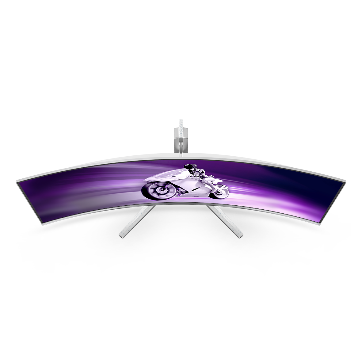 Ein gekrümmter Monitor mit einem Motorradbild auf dem Bildschirm. Der Monitor ist weiß.