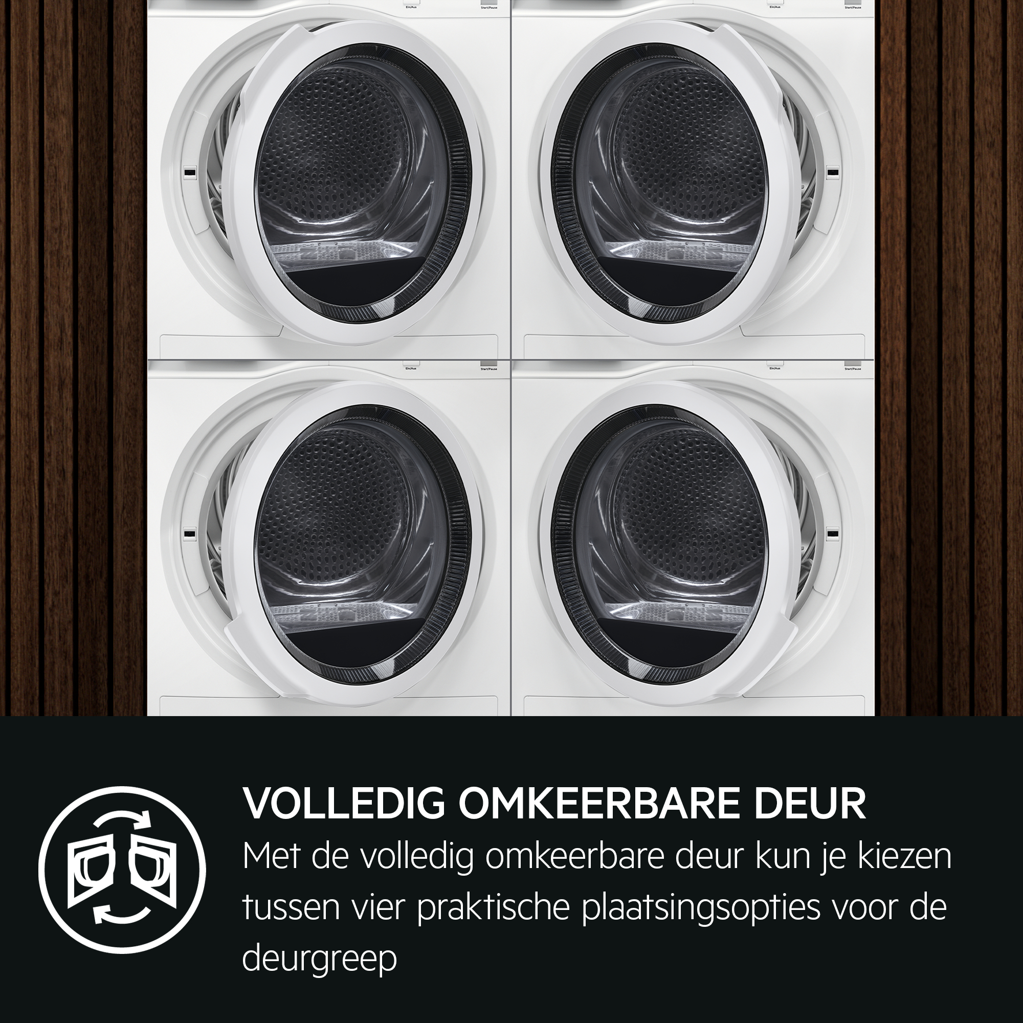 Vier witte wasmachines met open deuren, tekst in het Nederlands.