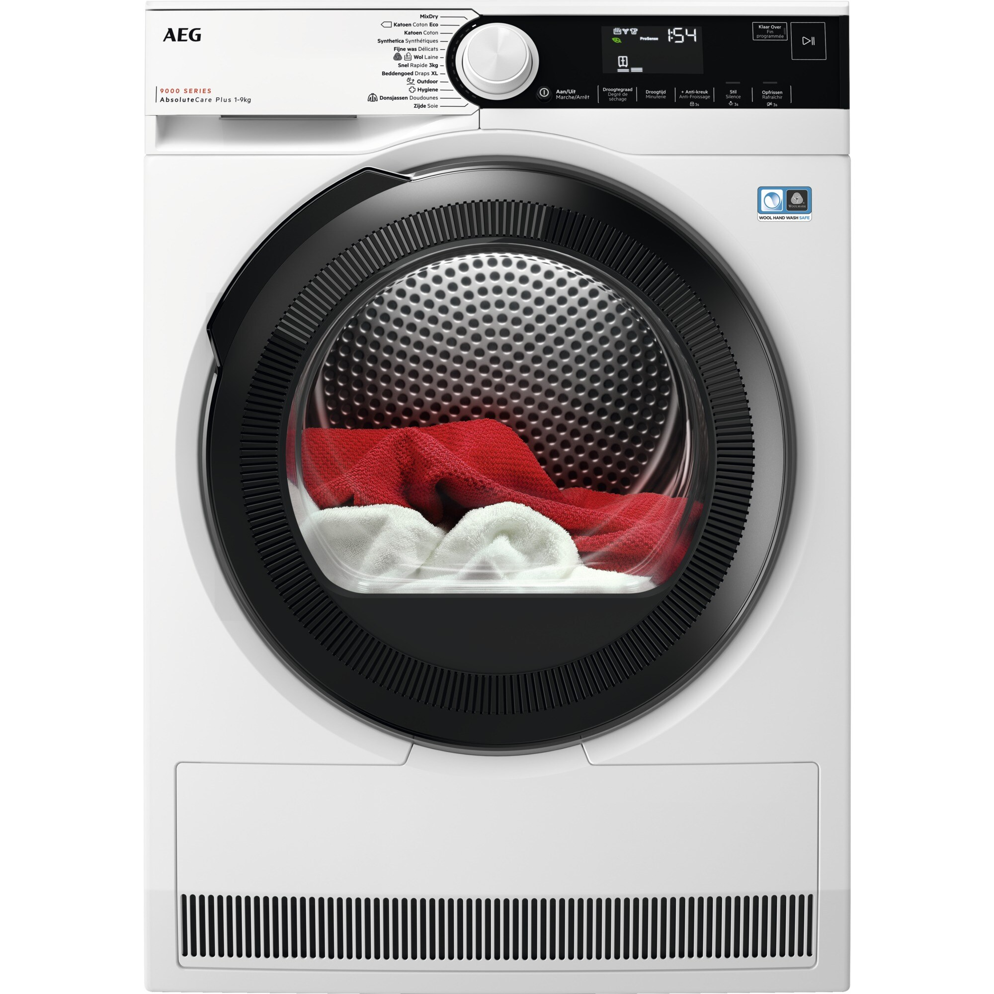 Sèche-linge AEG blanc et noir. Linge rouge et blanc à l'intérieur, porte transparente.