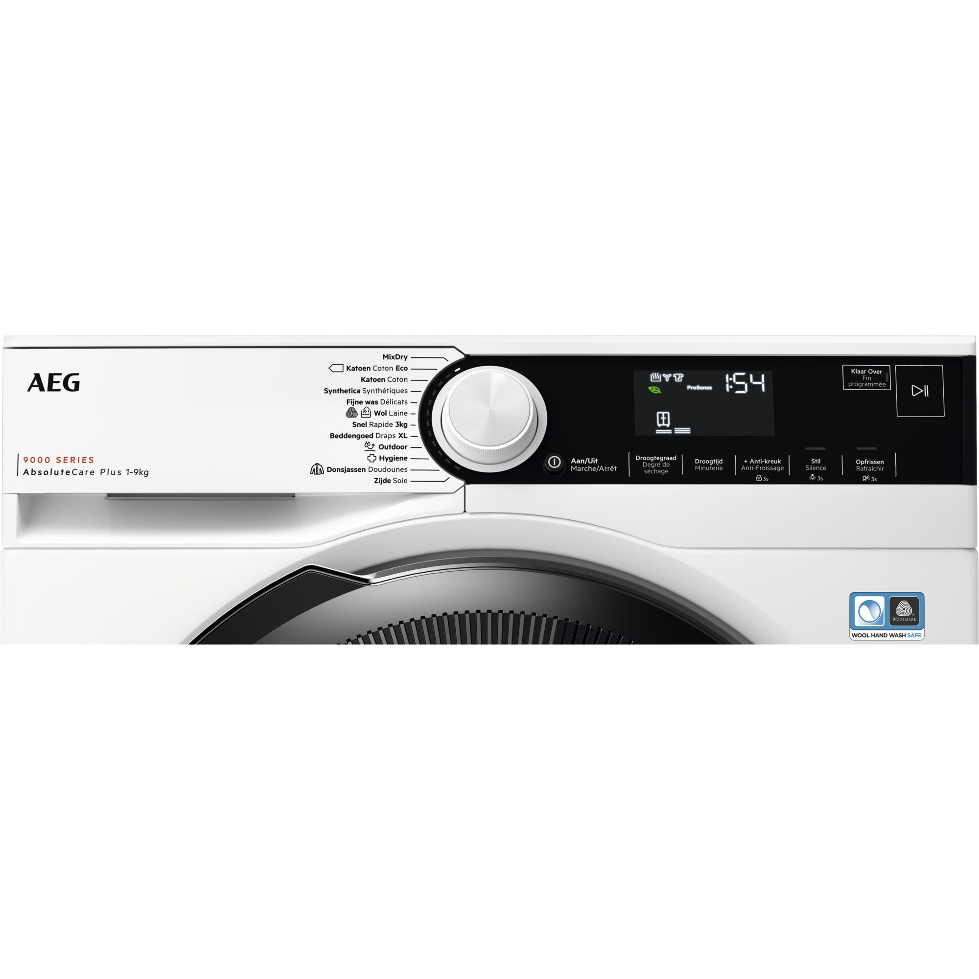Panneau de commande de lave-linge AEG série 9000. Machine blanche avec panneau noir affichant les réglages.