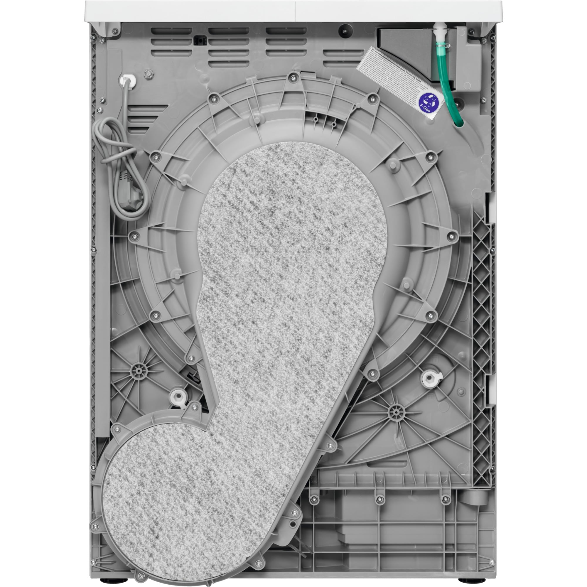 L'arrière d'une machine à laver avec ses composants internes visibles. Pièces en plastique grises et blanches.