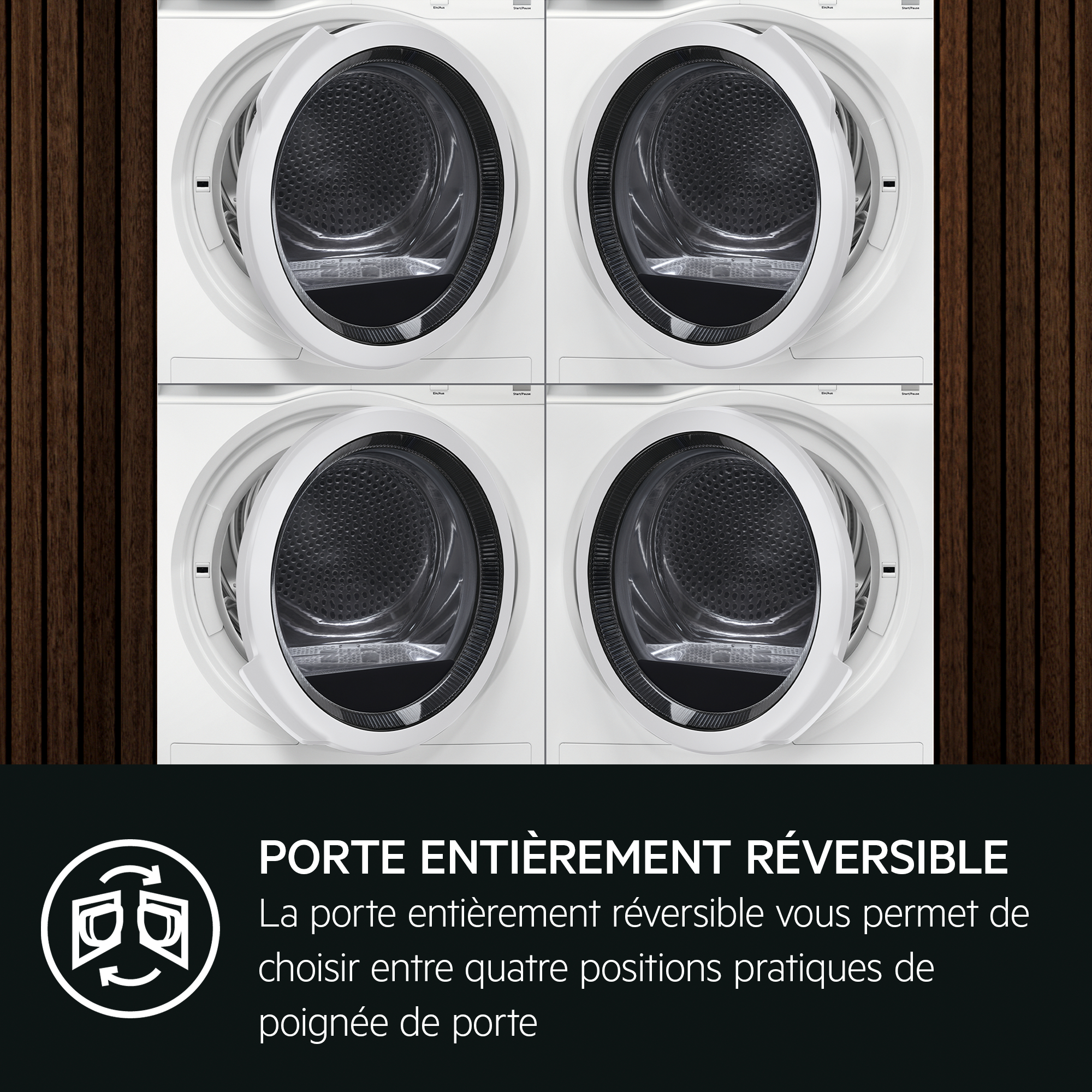 Quatre machines à laver blanches avec portes ouvertes, avec texte sur les portes réversibles.