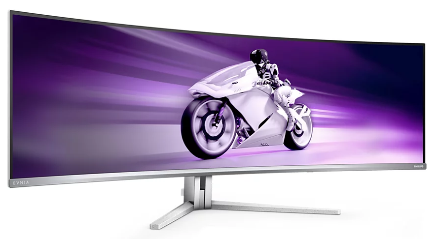 Gebogener Monitor mit einer futuristischen Motorradrennenszene in Lila und Weiß. Weißer Standfuß.