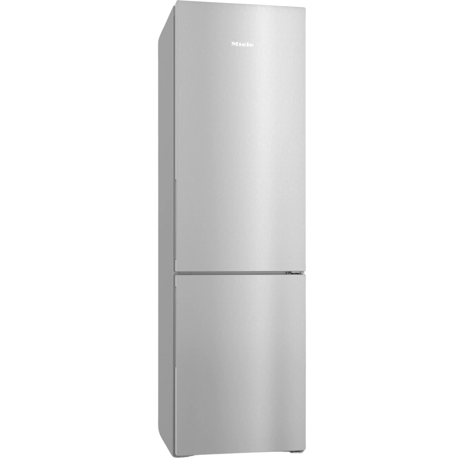 Een zilverkleurige Miele-koelkast staat tegen een zwarte achtergrond. Hij heeft twee deuren, de bovenste is hoger.