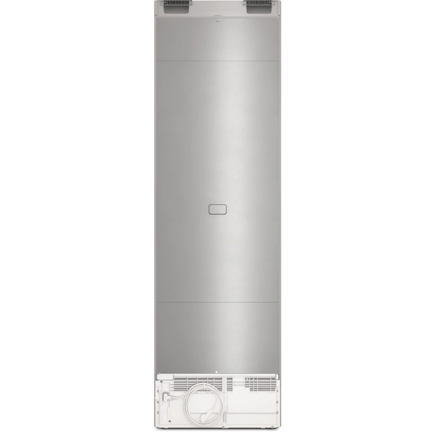 Achteraanzicht van een zilveren koelkast. Het heeft een rechthoekige vorm met een witte basis, een ventilatierooster en een netsnoer.