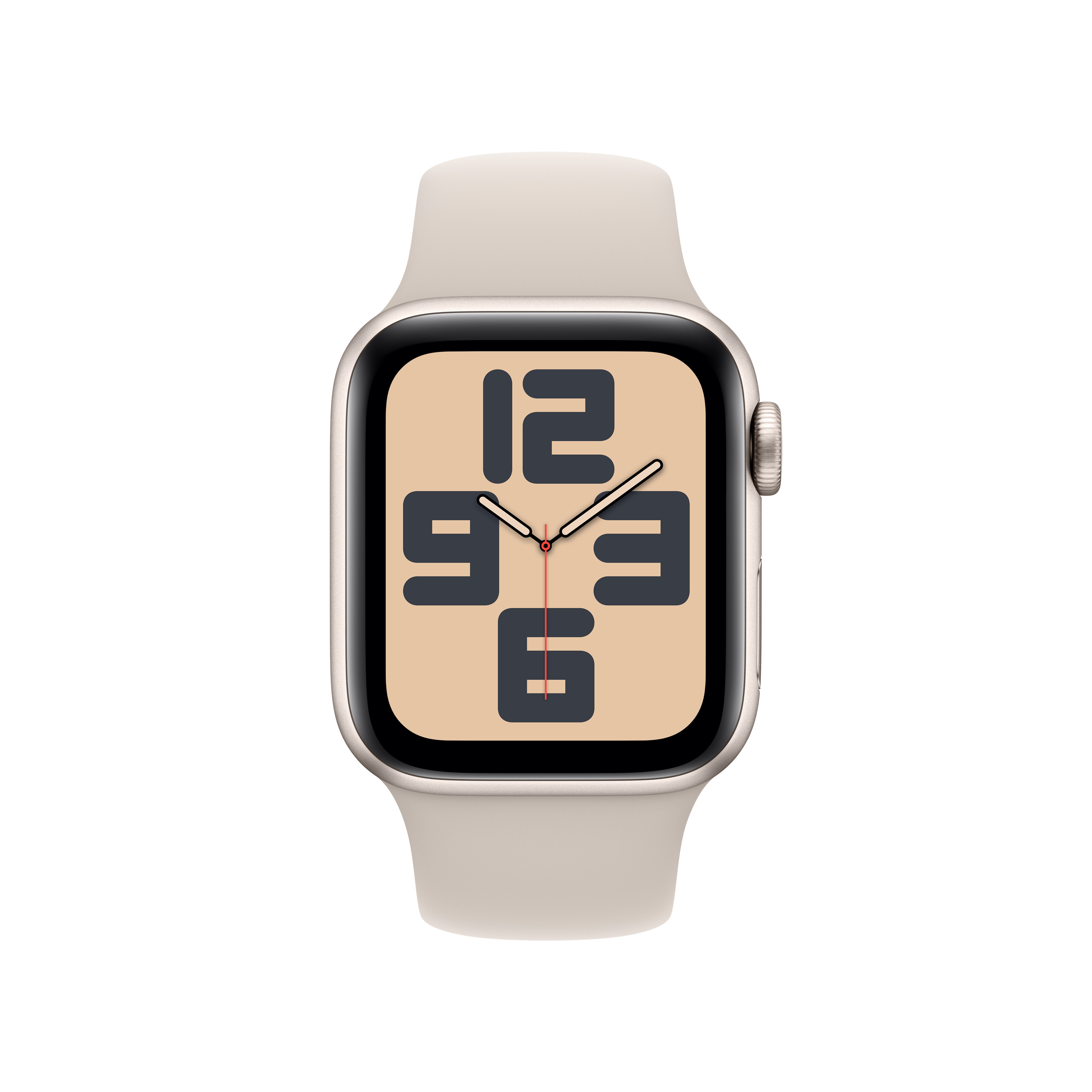 Dijital saat gösteren kare ekranlı bej bir Apple Watch.