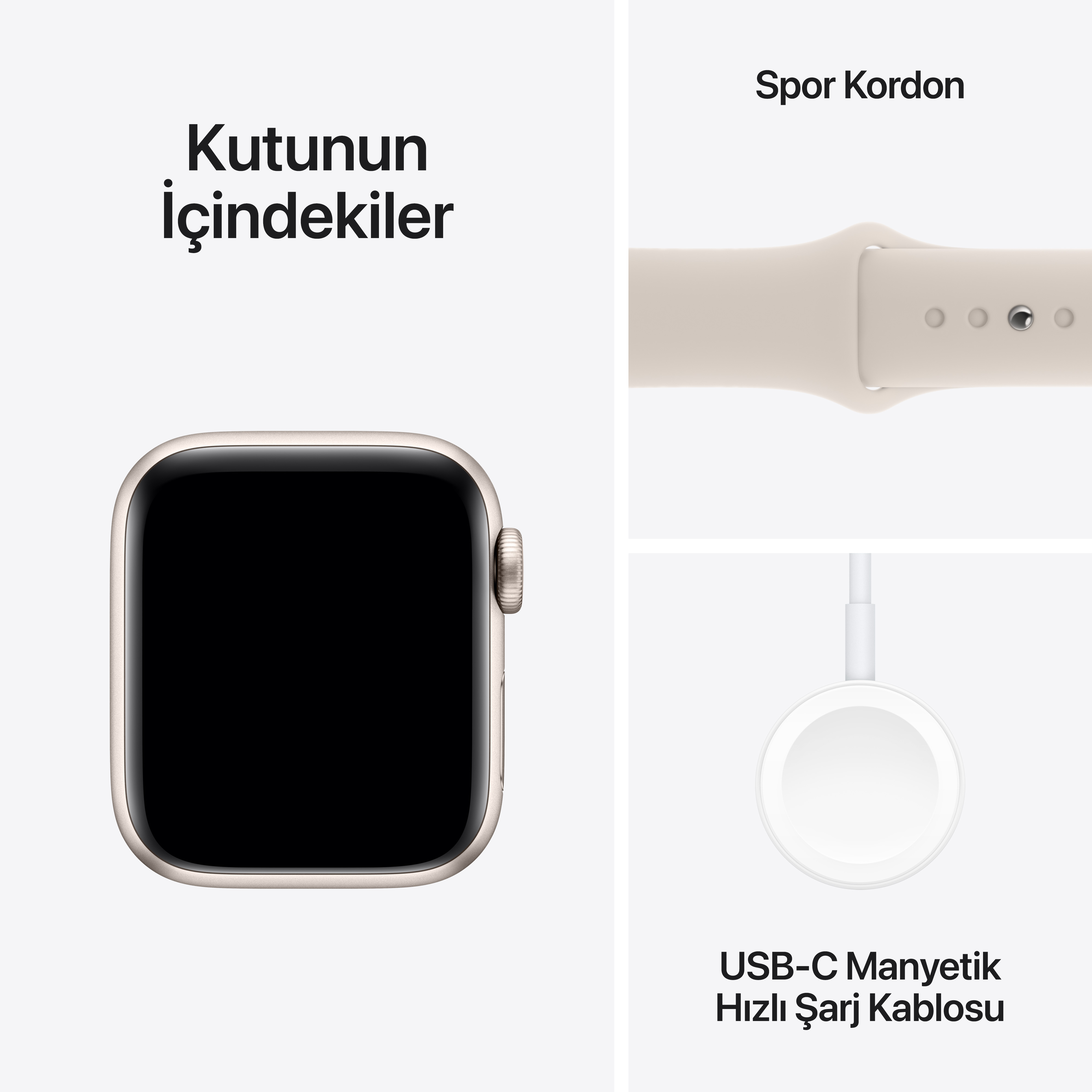 Apple Watch kutu setinde, spor kayış ve USB-C şarj kablosu ile.