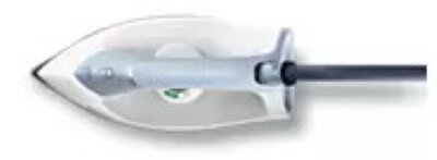 Żelazko, widok z góry, z długim uchwytem i spiczastym końcem.