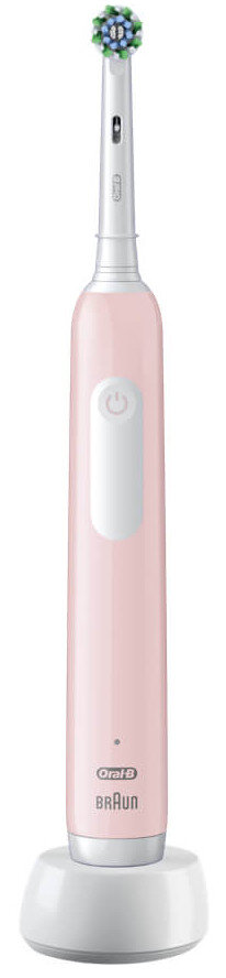 Różowa elektryczna szczoteczka do zębów na białej podstawie ładującej. Widoczna główka.