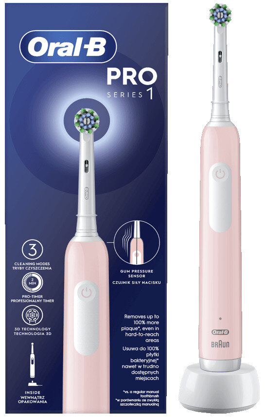 Różowa szczoteczka elektryczna Oral-B Pro Series 1, pudełko i baza.