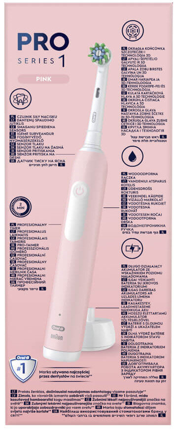 Różowa elektryczna szczoteczka do zębów z tekstem promocyjnym. Zawiera szczegóły o główce i funkcjach.