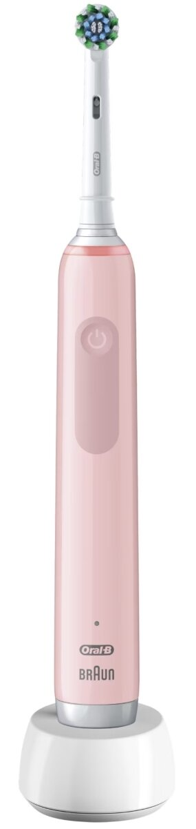 Różowa elektryczna szczoteczka do zębów na białej podstawie ładującej. Główka szczoteczki ma niebieskie i białe włosie.