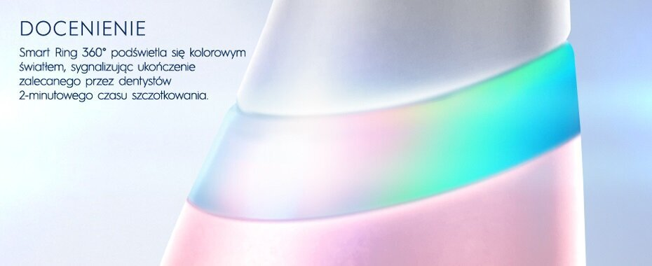 Zbliżenie główki szczoteczki do zębów z kolorowymi światłami, z tekstem o funkcji Smart Ring.