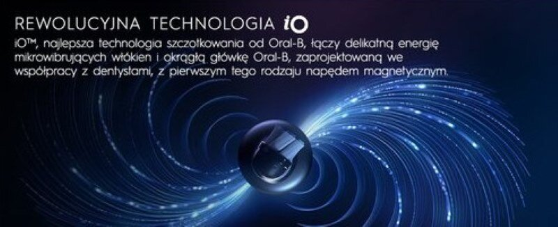 Niebieska spirala z czarną kulą w środku. Tekst o technologii Oral-B iO.