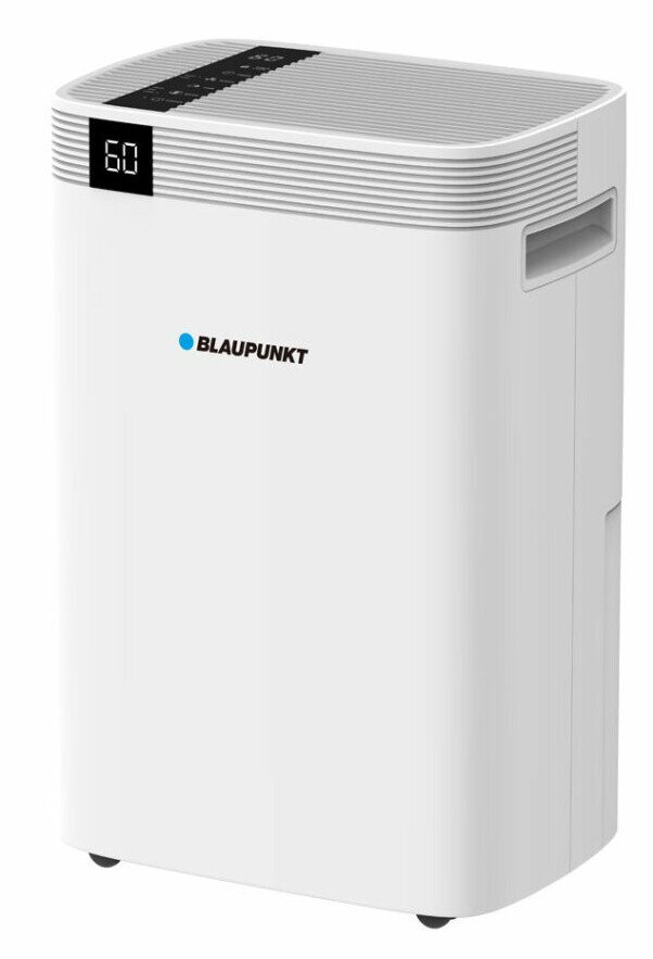 Biały osuszacz powietrza z cyfrowym wyświetlaczem pokazującym '60' i logo Blaupunkt.