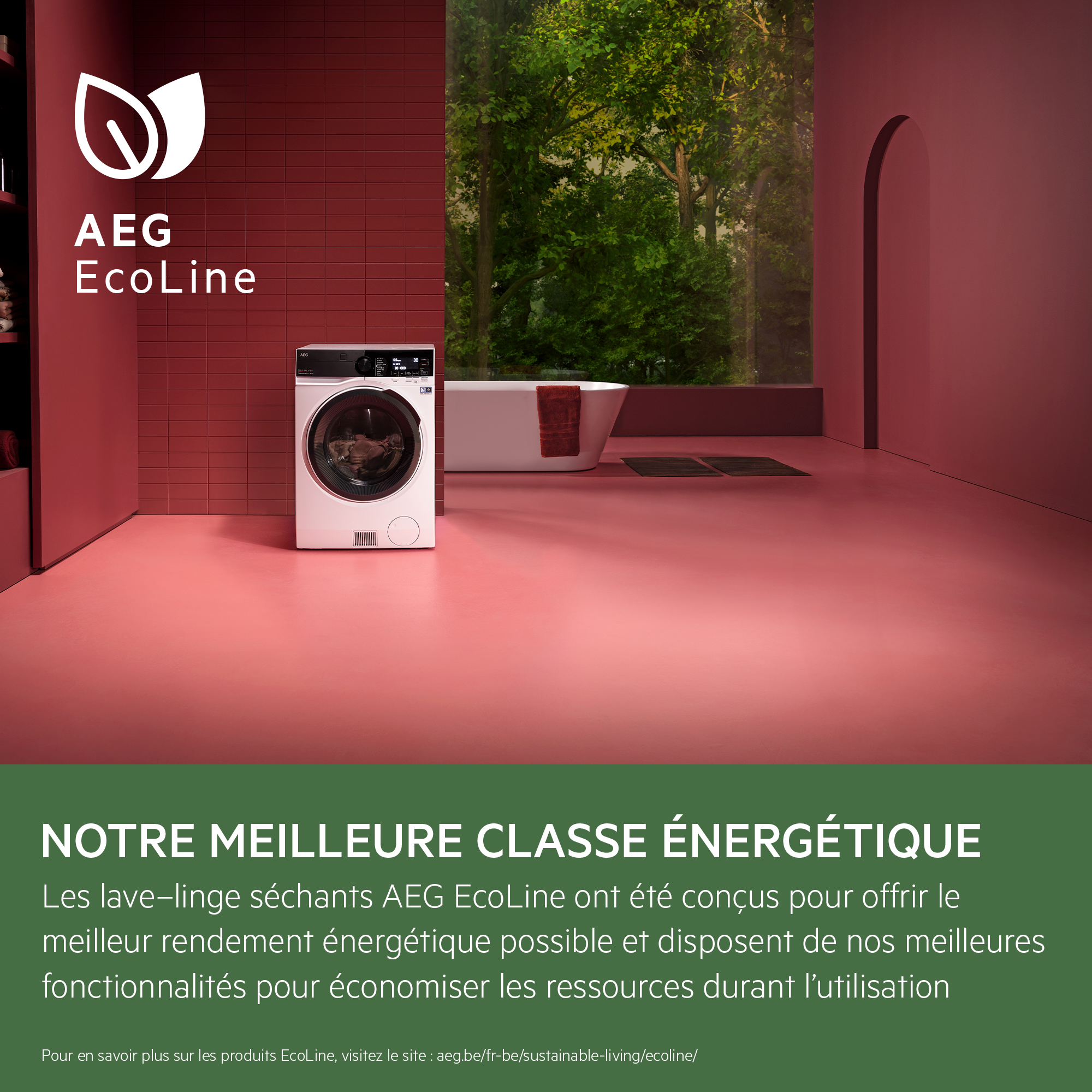 Un lave-linge blanc dans une pièce rose. Le texte "NOTRE MEILLEURE CLASSE ÉNERGÉTIQUE" est visible.