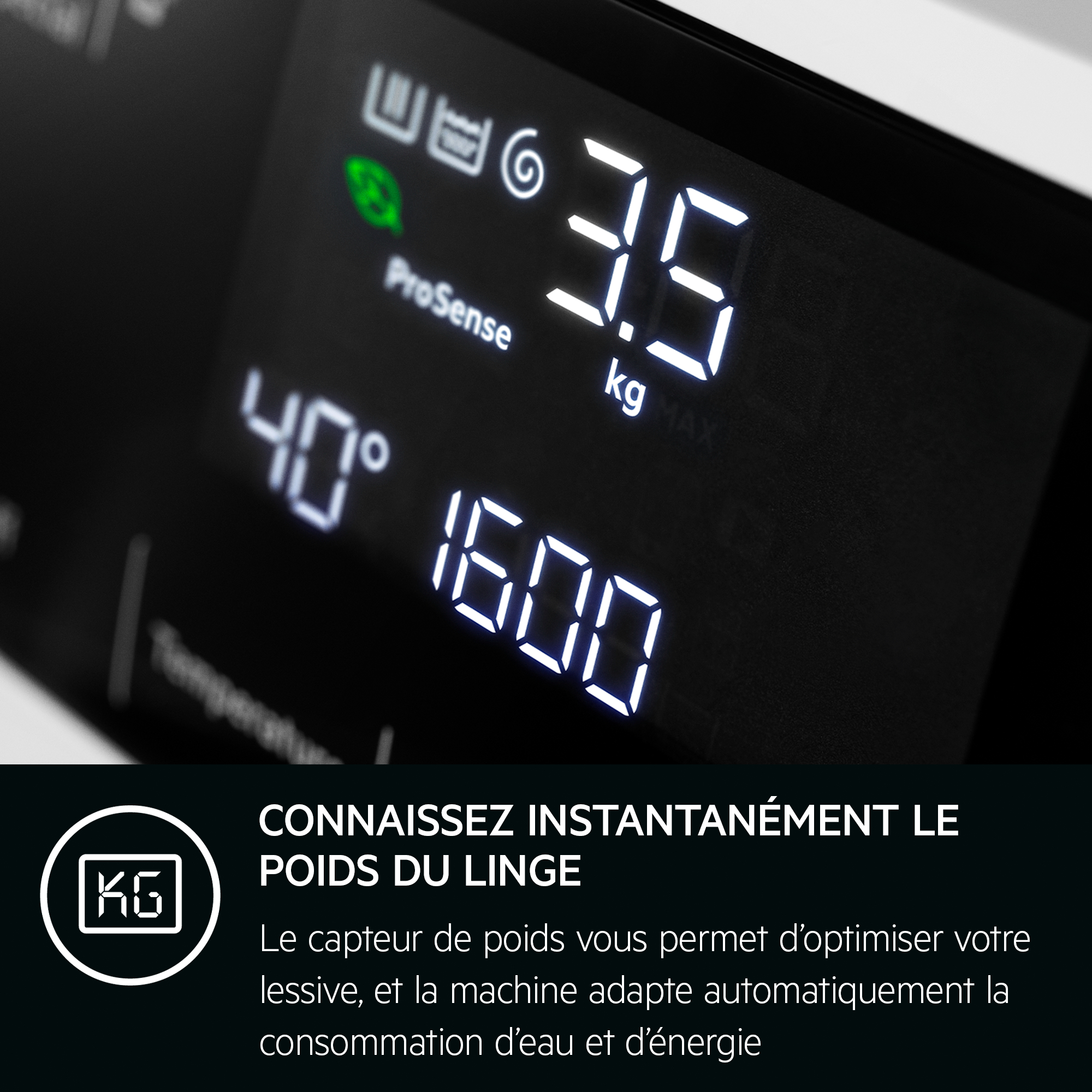 Panneau de commande de lave-linge. Affiche les réglages : température, poids et temps. Affichage LED blanc.