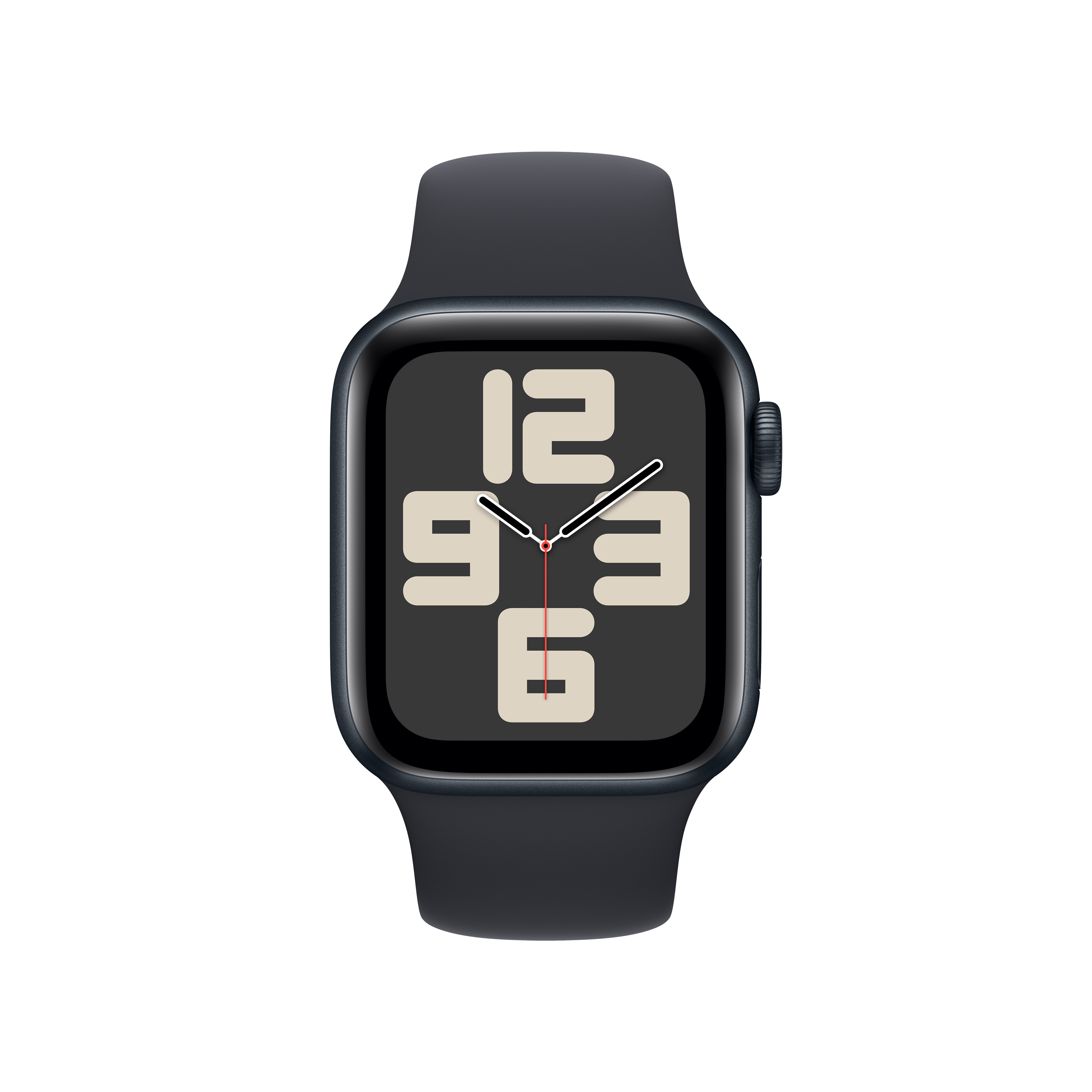 Siyah kayışlı ve saati gösteren bir saat yüzüne sahip Apple Watch. Tasarım şık ve moderndir.