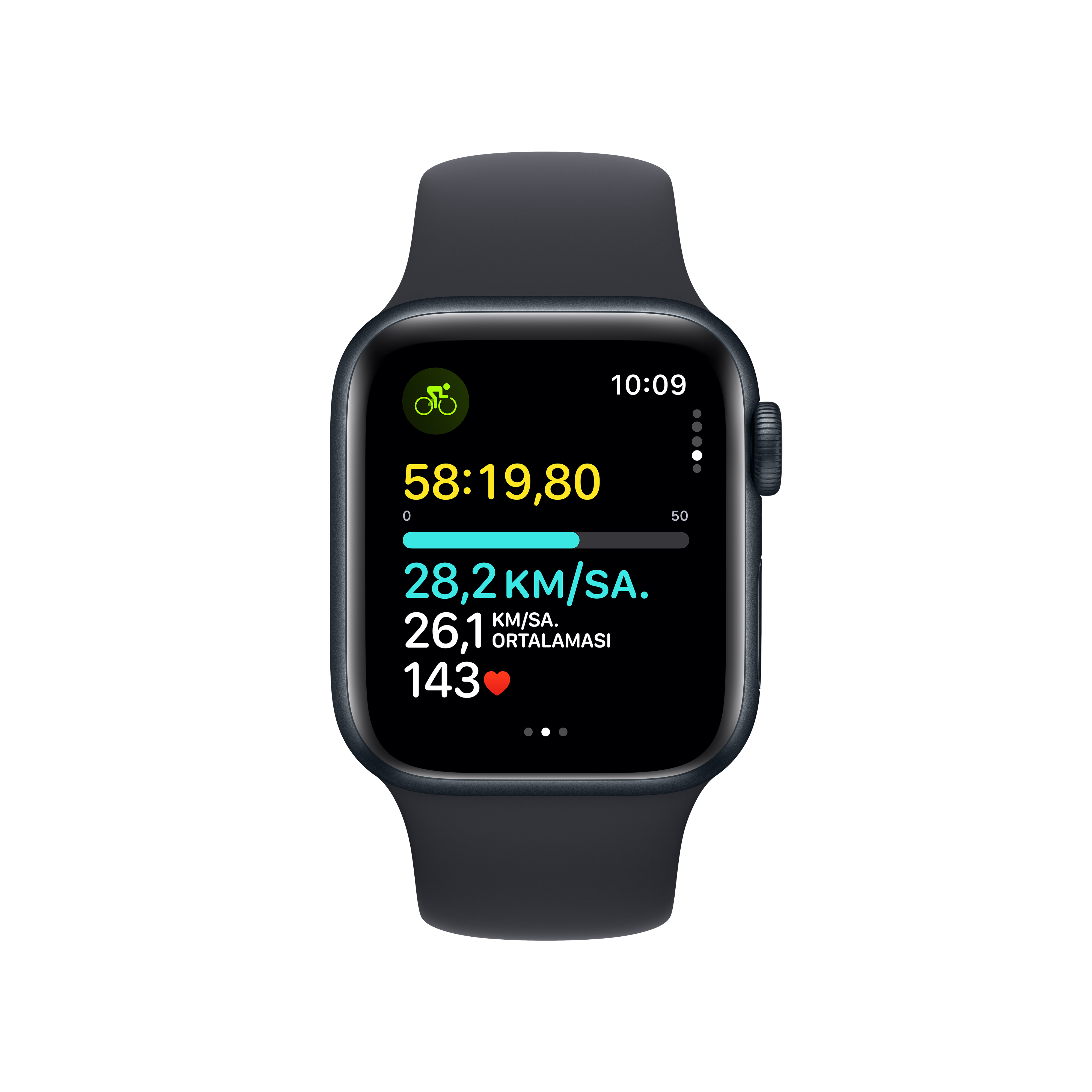 Siyah Apple Watch bisiklet istatistikleri, zaman ve kalp atış hızı beyaz arkaplanda gösteriyor.