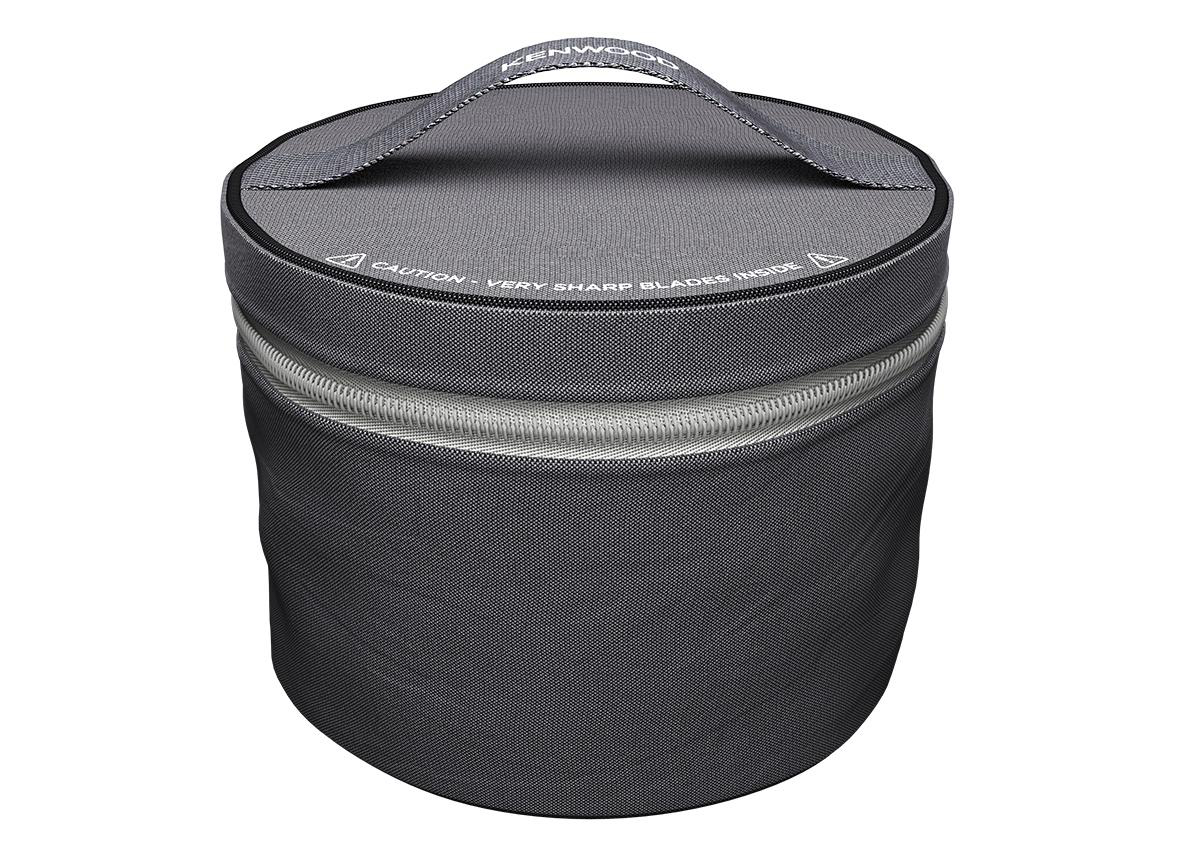 Eine graue, zylindrische Kenwood-Tasche mit Griff. Der Reißverschluss ist sichtbar, Text auch.
