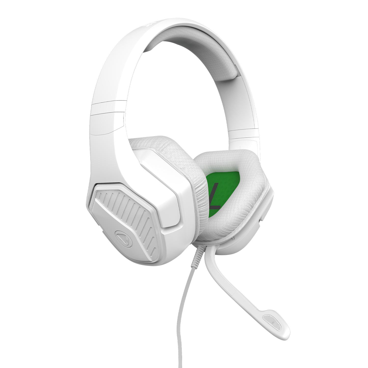 Weißes Gaming-Headset mit Mikrofon, von der Seite gesehen. Grüne Akzente.