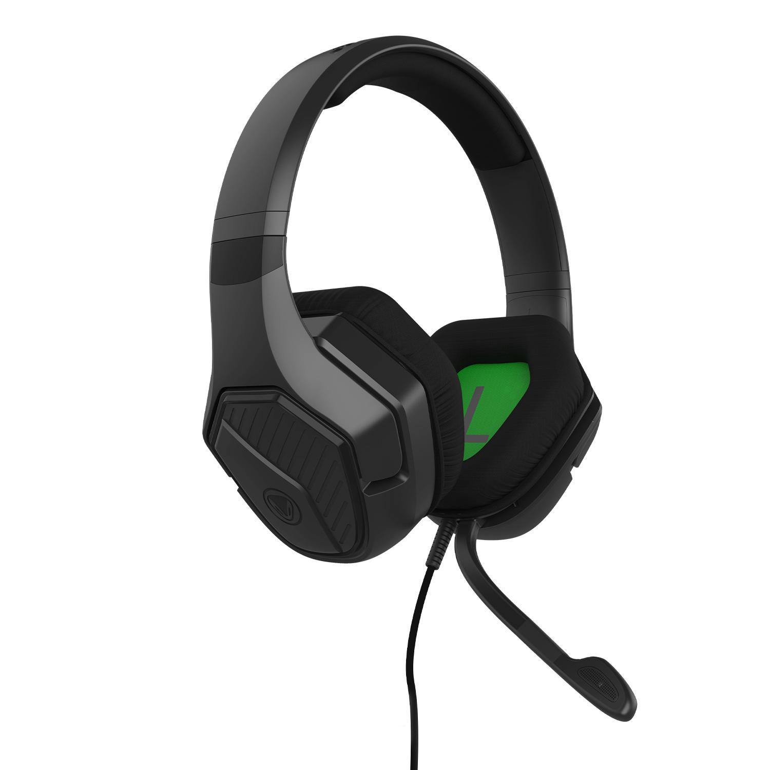 Schwarzes Gaming-Headset mit Mikrofon und grünem Innenraum am Ohrmuschel.