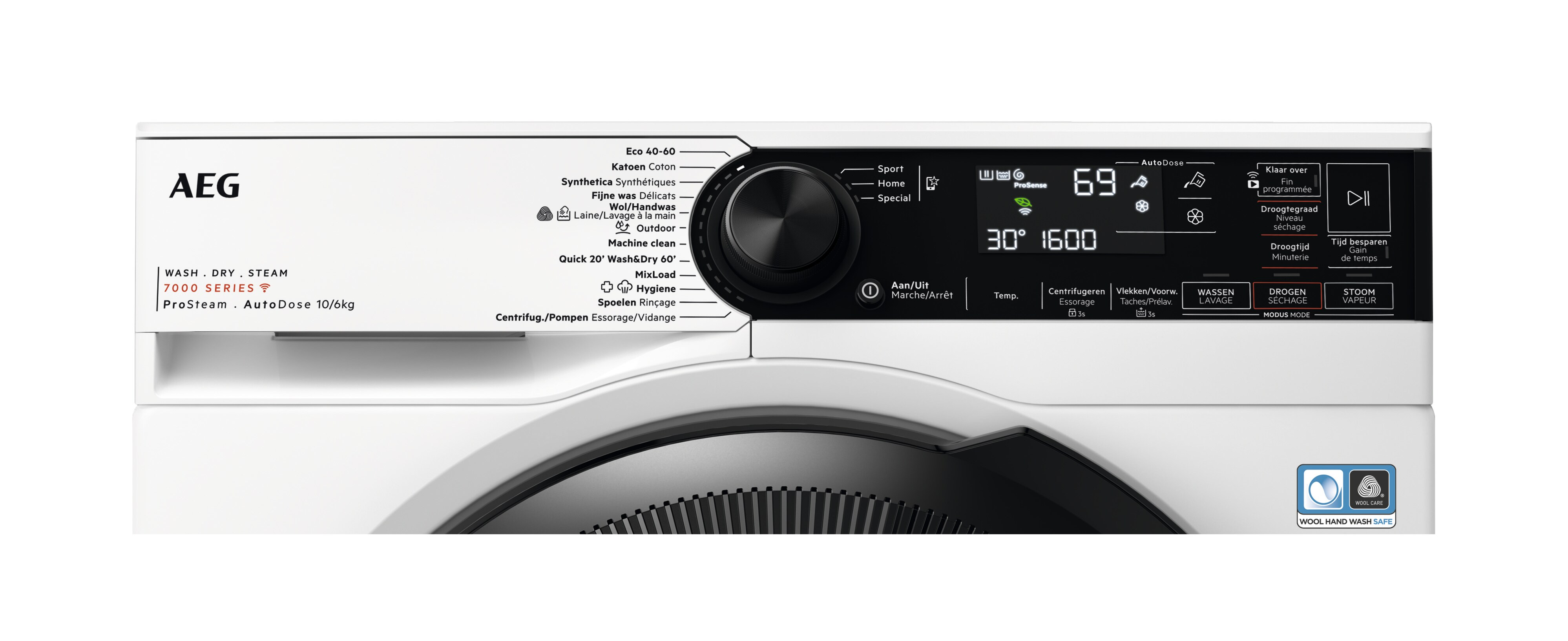 A white washing machine control panel with a black dial and a display showing settings and options.