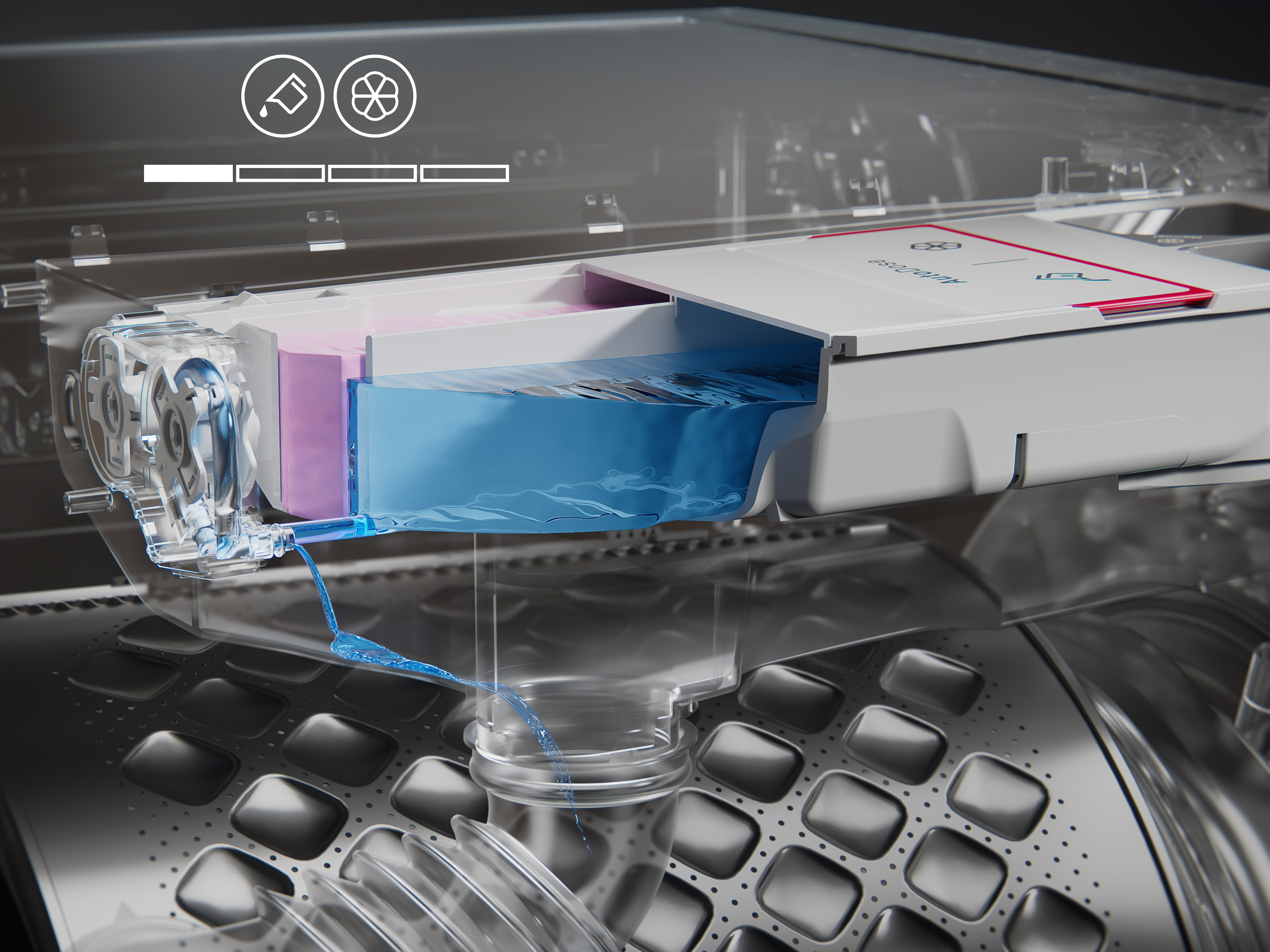 Washing machine interior with water, pink and blue compartments, and mechanical parts.