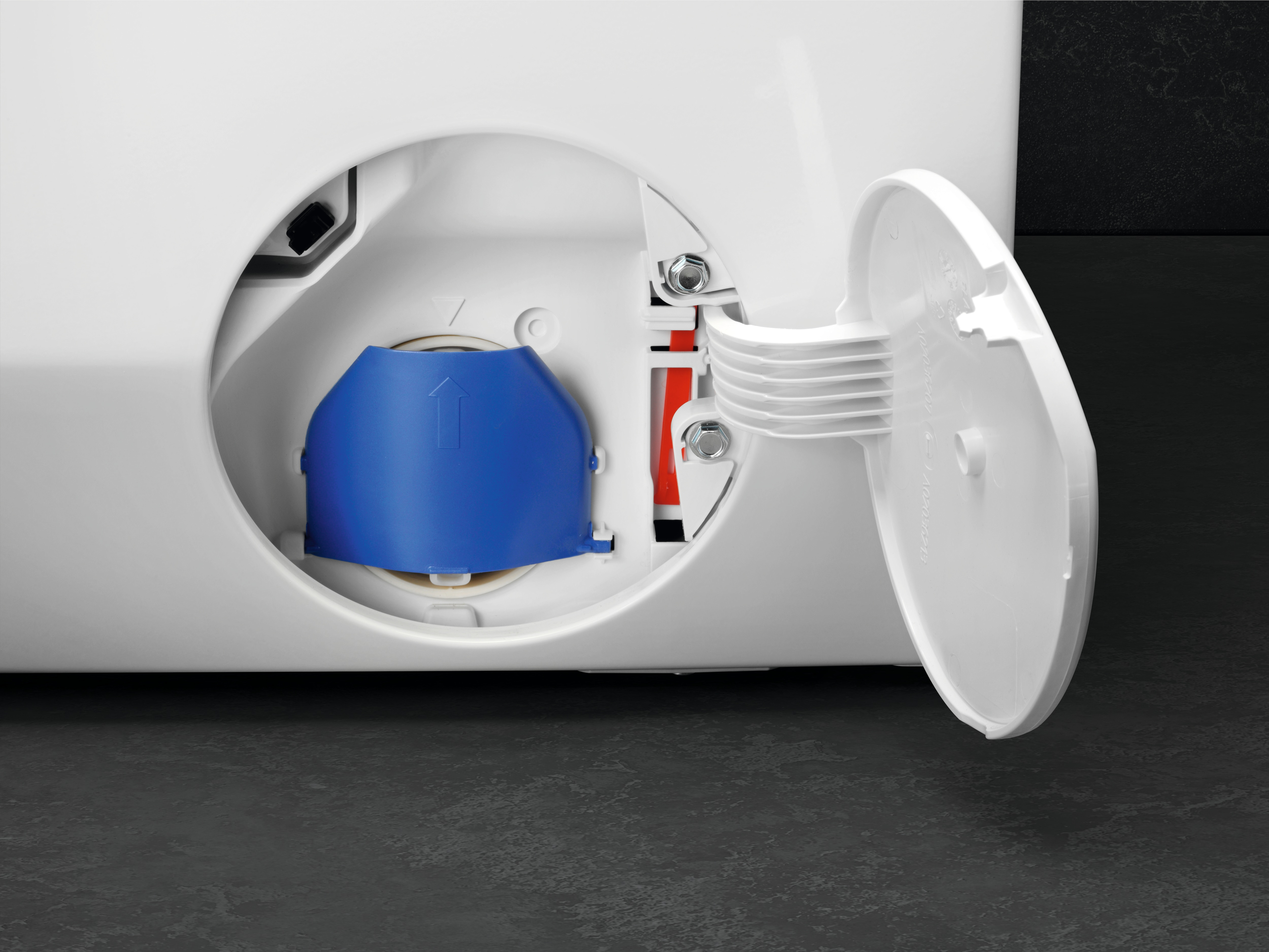 White appliance with a blue water reservoir. The door is open.