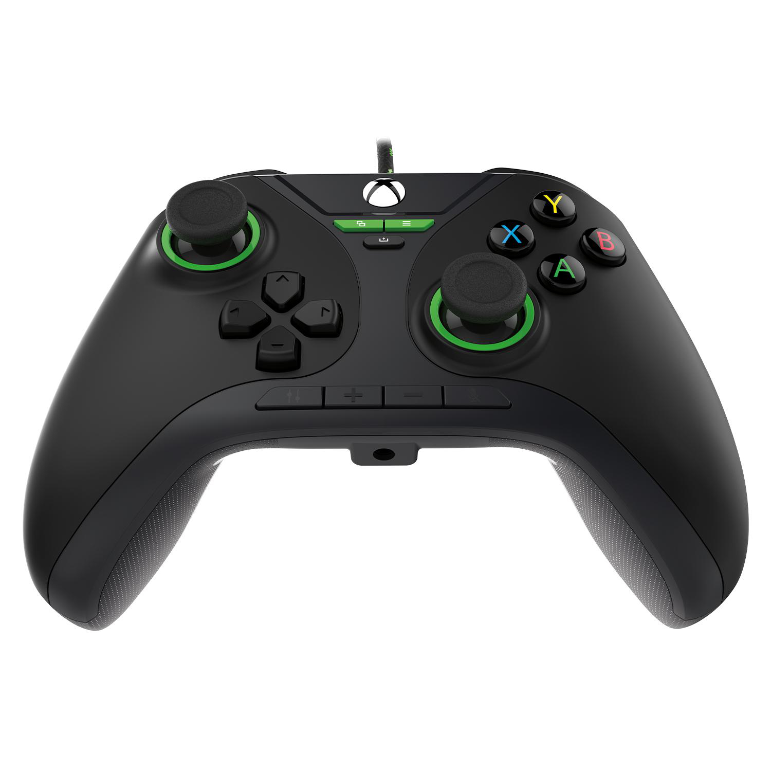 Schwarzer Xbox-Controller mit grünen Akzenten. Knöpfe sind mit Farben und Symbolen beschriftet.