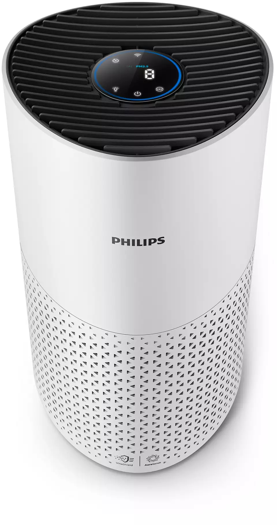 Weißer Philips Luftreiniger mit schwarzem Grill. Kreisförmige Anzeige mit blauem Kreis. Weißer Hintergrund.