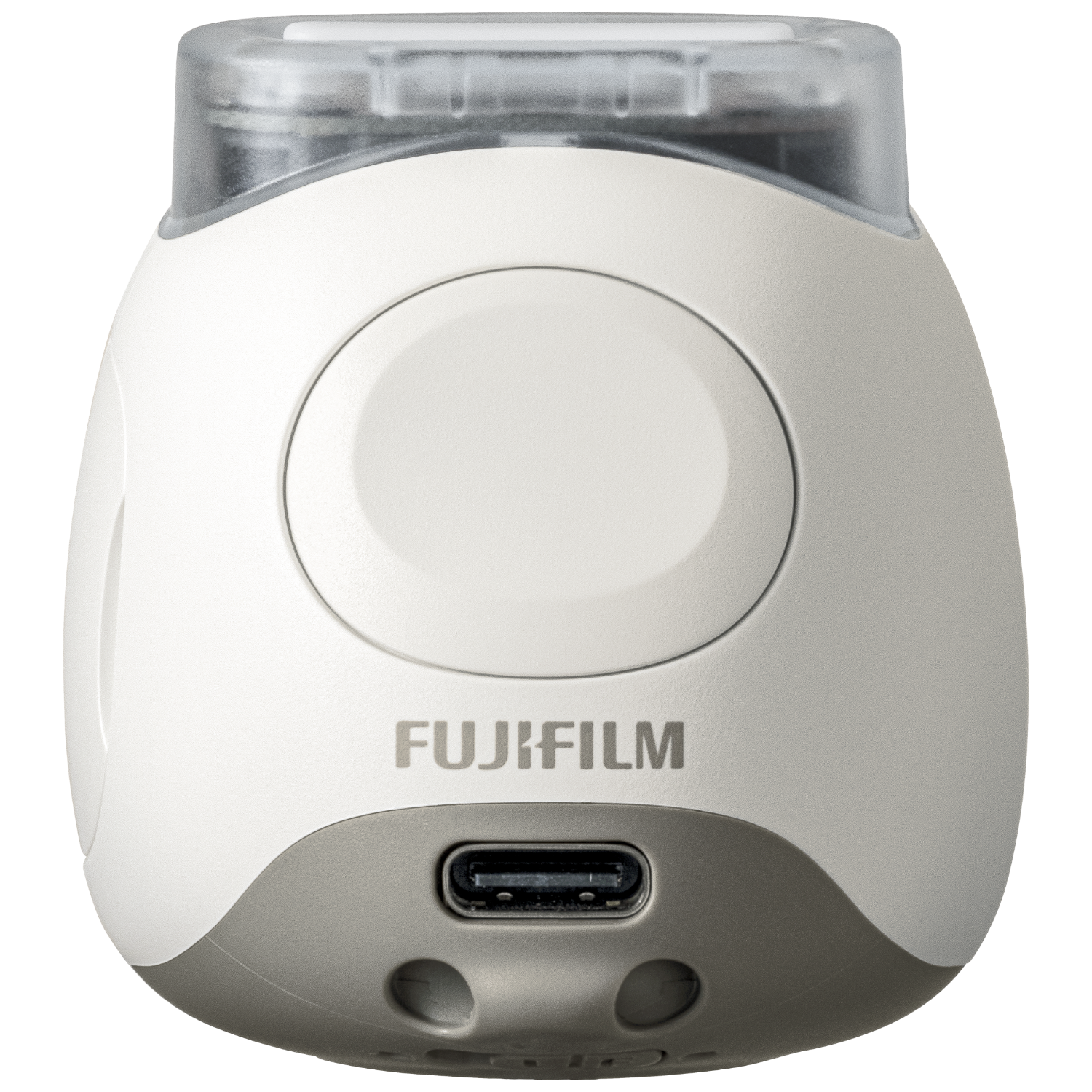 A white and gray Fujifilm camera with a transparent top and a USB port.