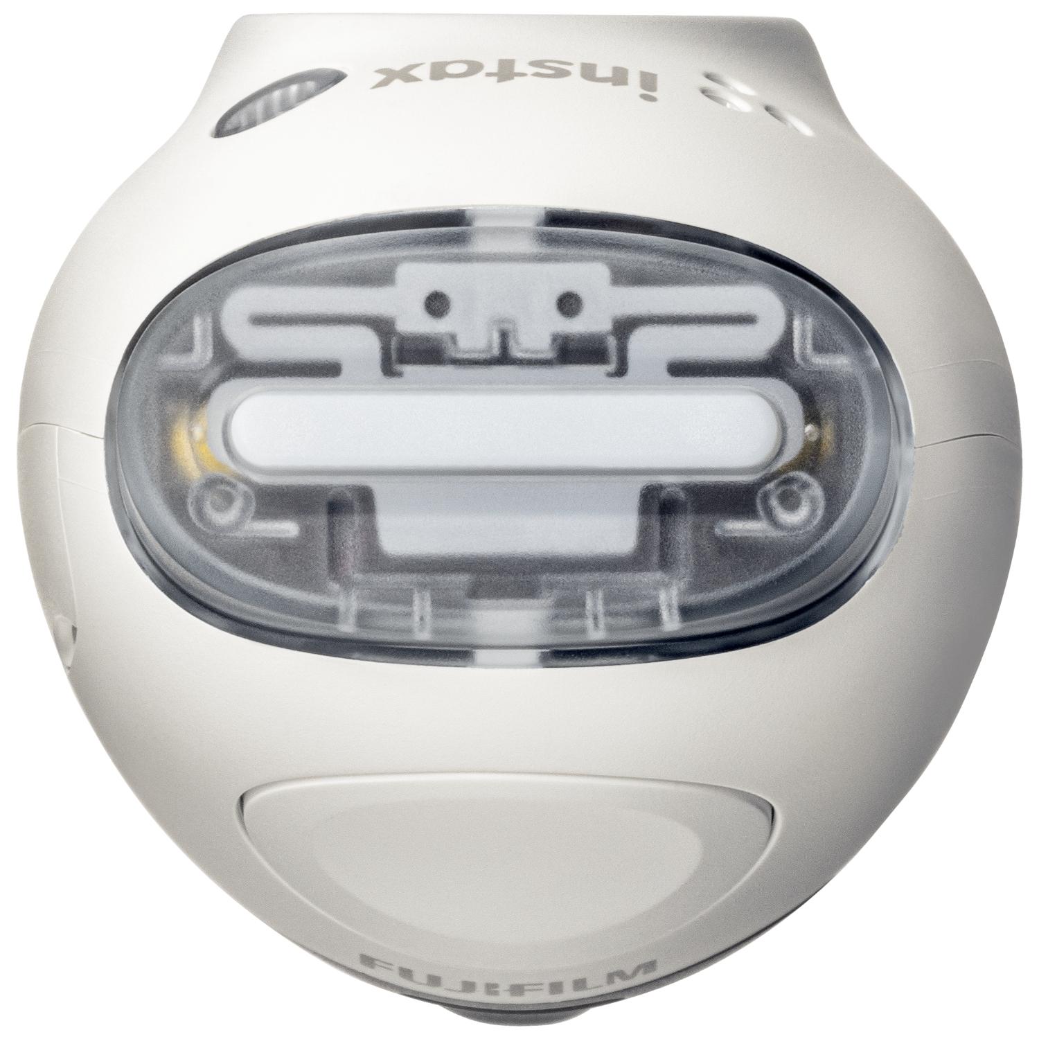 White Instax camera. Oval shape, two openings, and buttons on top and bottom.