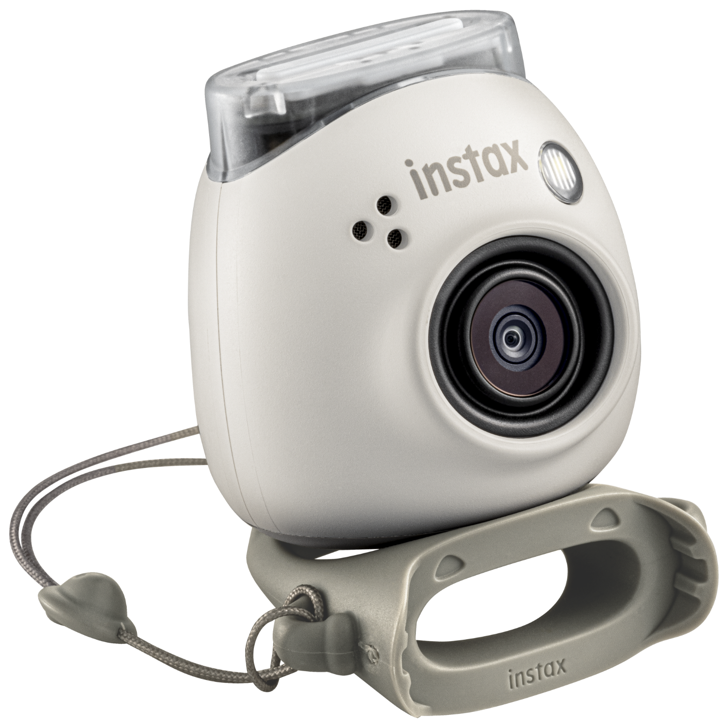 White Instax camera with a lens, flash, and handle. Gray handle strap. Black background.