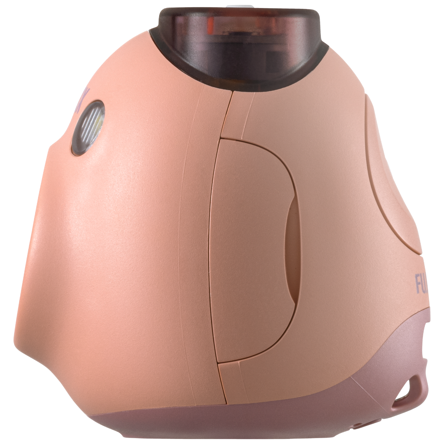 Pink personal care device. Rounded shape with a light and a dark translucent top.