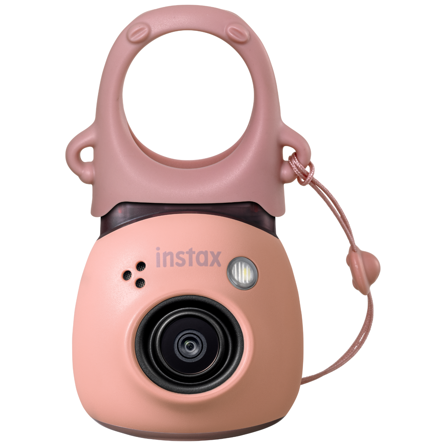 Pink Instax camera with a loop handle, lens, flash, and a strap with a heart-shaped end.