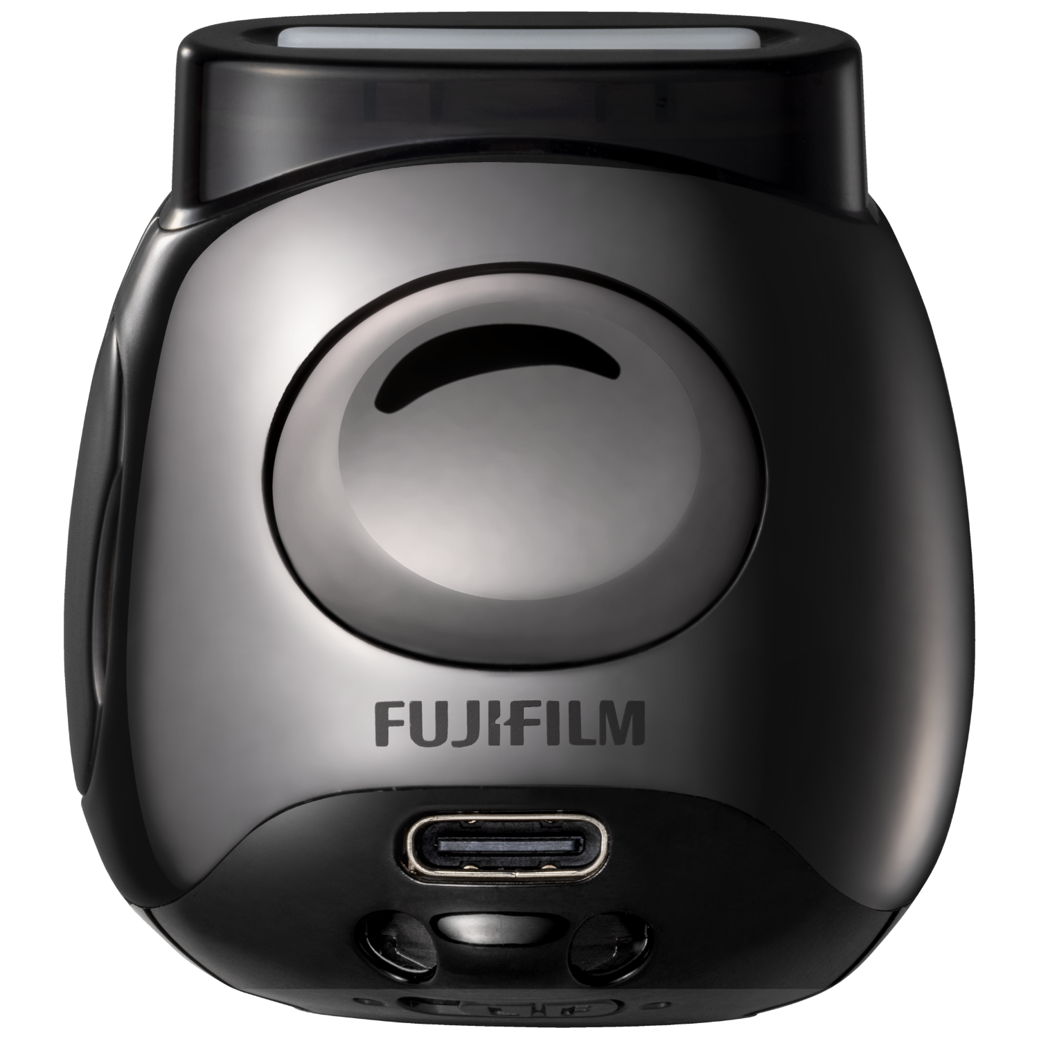 A black Fujifilm camera with a lens and a charging port at the bottom. Top has a white light.