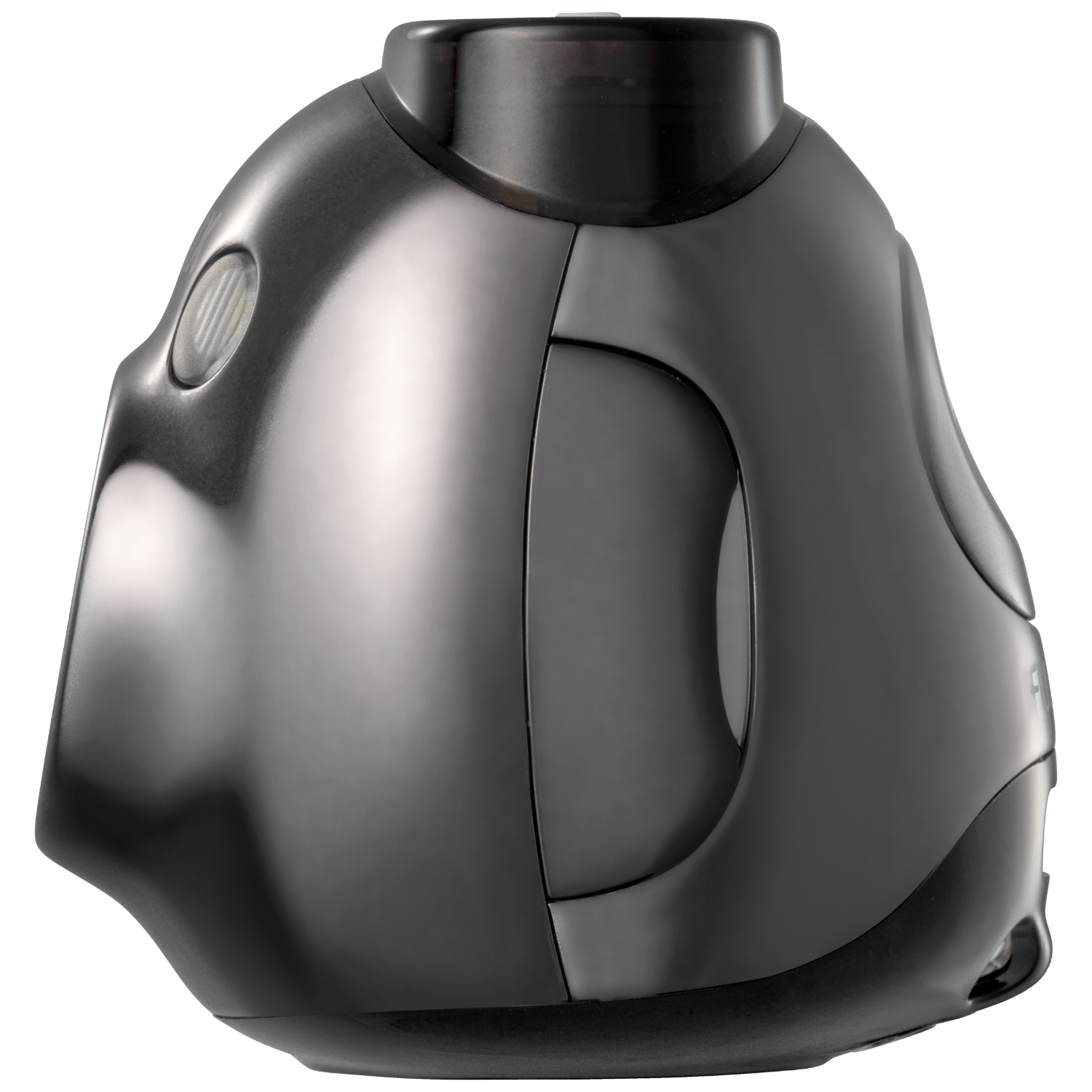 Dark gray respirator mask. It has a unique shape with a large front and side openings.