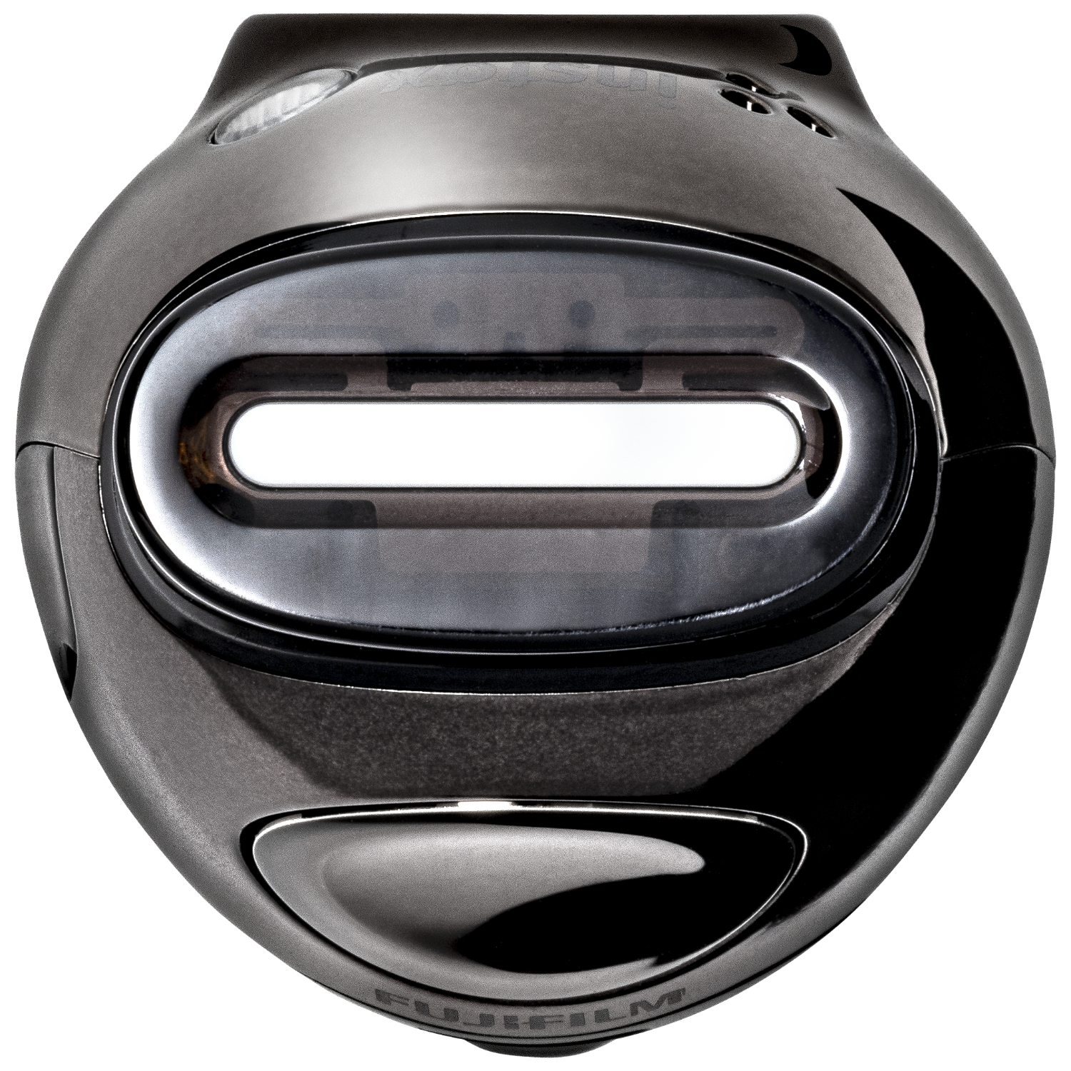 Top view of a Fujifilm camera, black and glossy. The lens area is oval-shaped with a white central section.