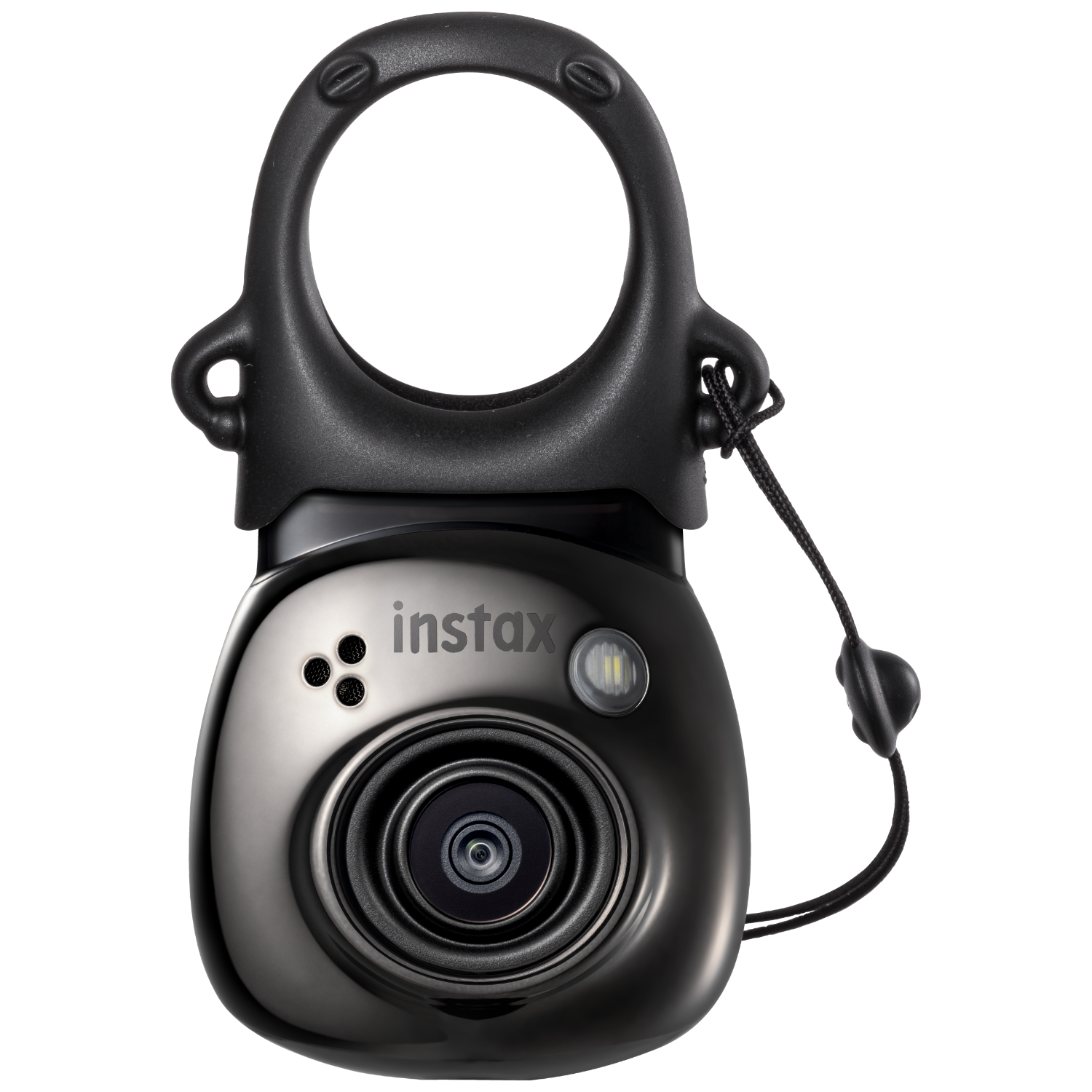 Black Instax camera with a flash and a lens, black background. A black loop handle is attached.