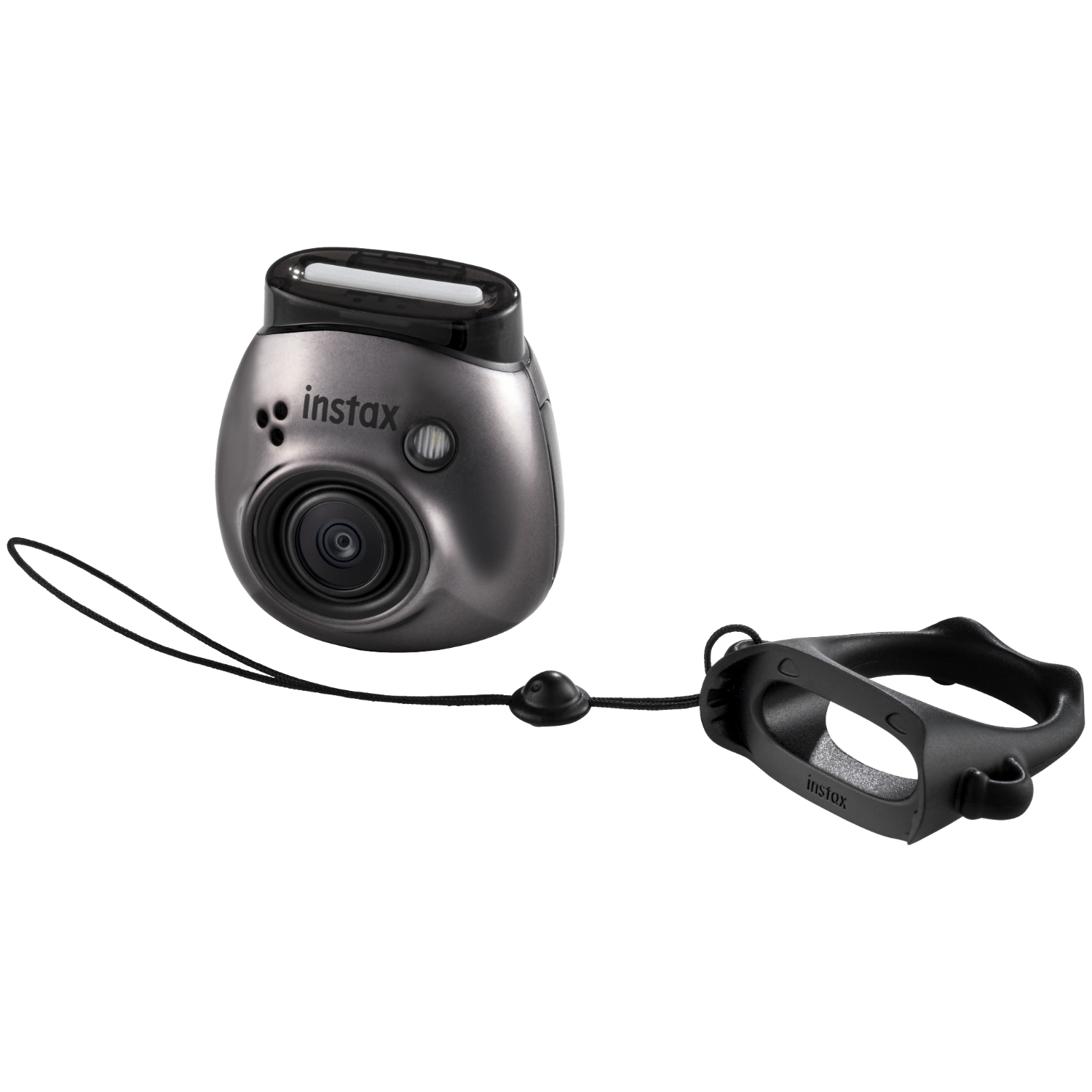 Gray instax camera with strap and a black wrist strap, on a black background.