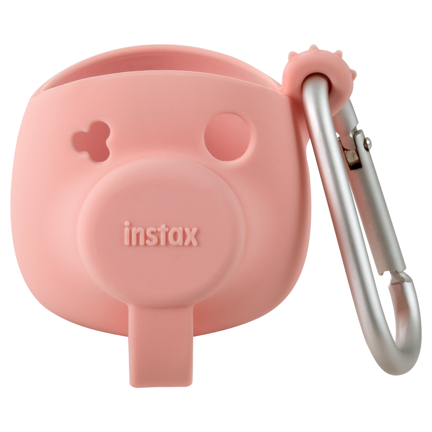 Roze Instax camerahoesje met zilveren karabijnhaak. De hoes heeft gaten en een ronde knop met de merknaam.