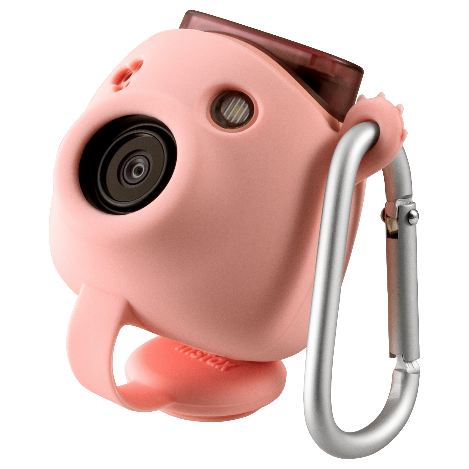 Een roze, cartoonachtige camera met een zilveren karabijnhaak bevestigd.