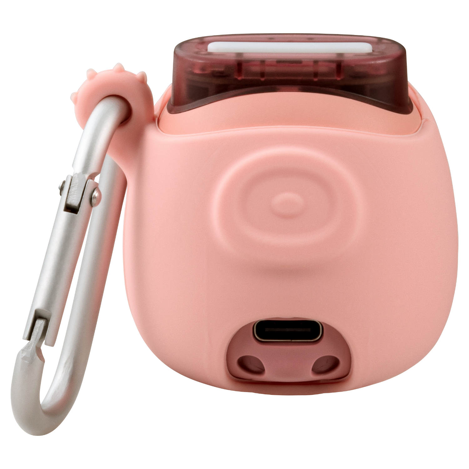 Een roze accessoire in de vorm van een varken met een zilveren clip en een USB-C-poort op een zwarte achtergrond.