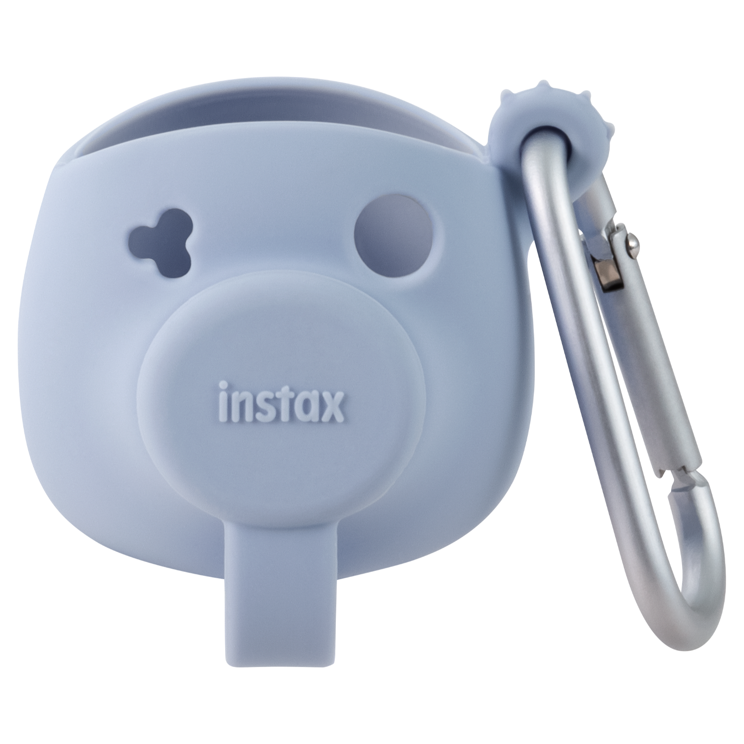 Blauwe Instax camerahoes met een metalen karabijnhaak.