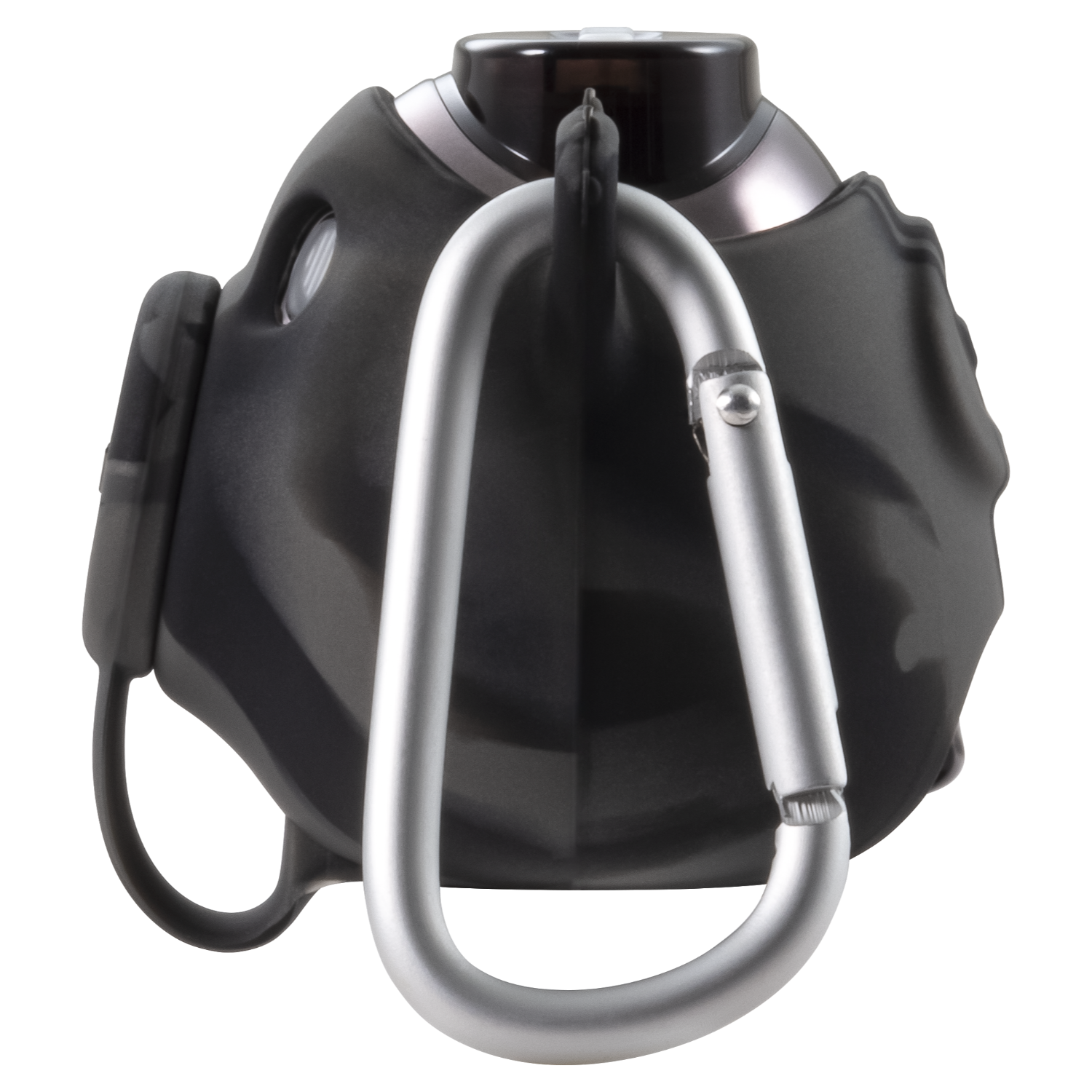 Black mask with a silver carabiner. Black background.