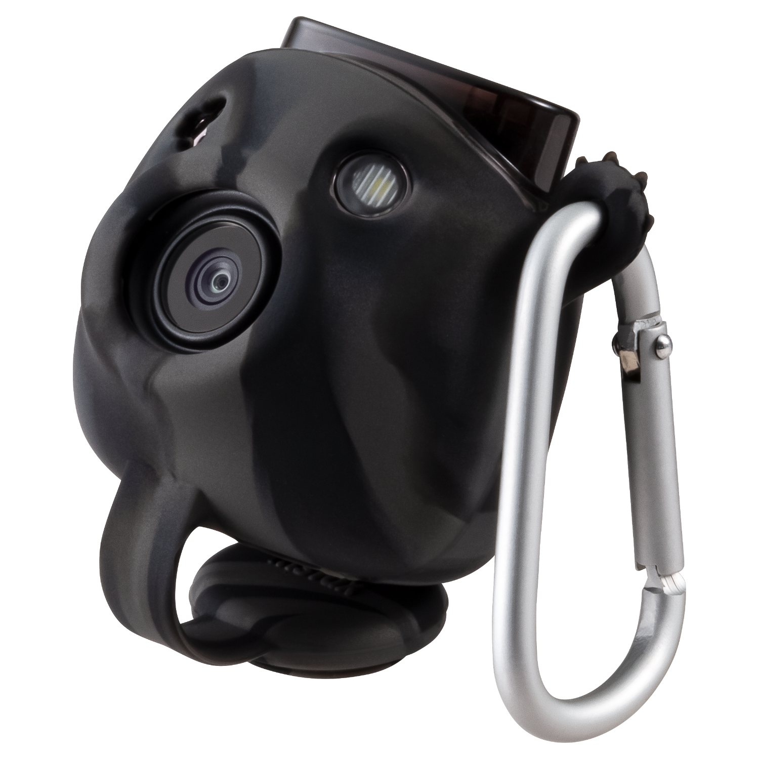 Camera with a grey and black camouflage design, silver carabiner clip.