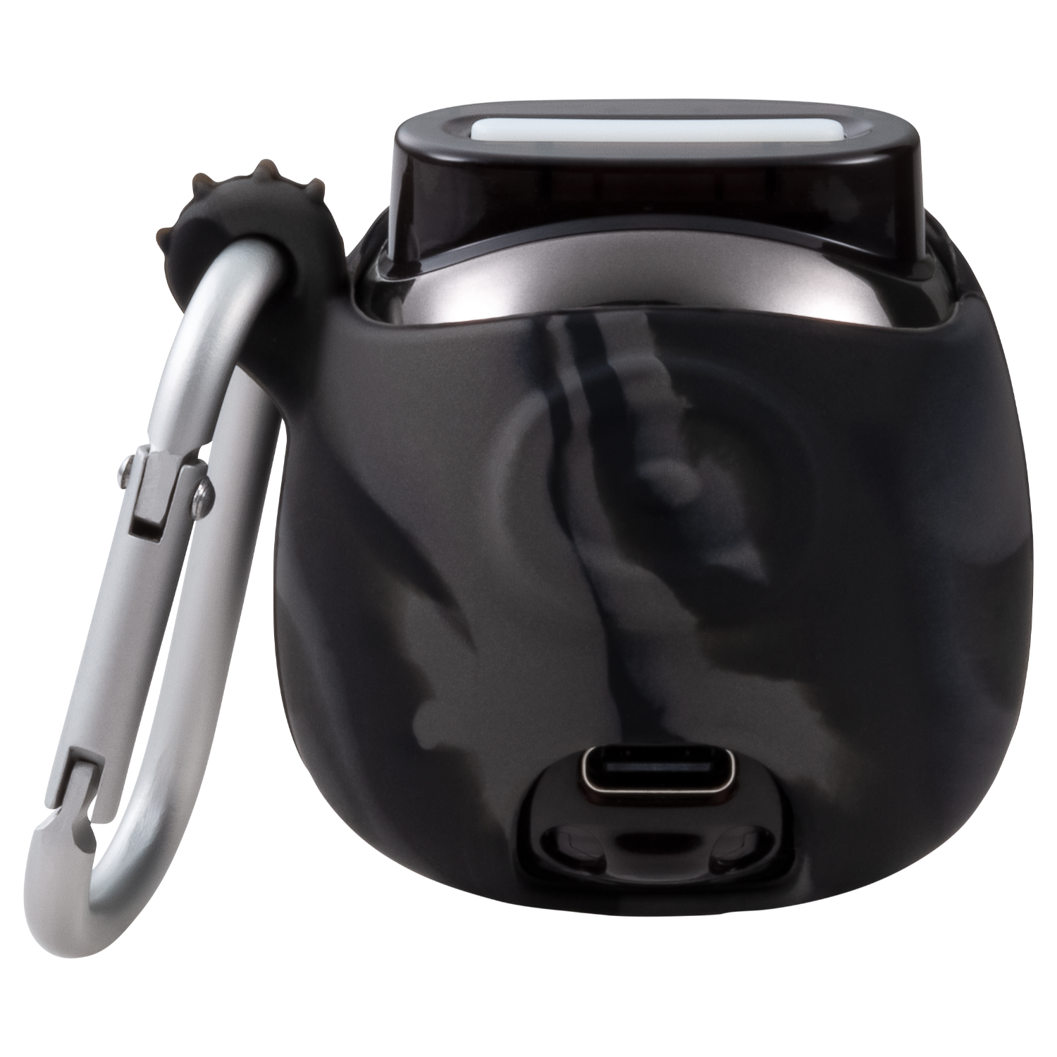 Black and gray speaker with a carabiner clip. The speaker has a USB-C port. The background is black.