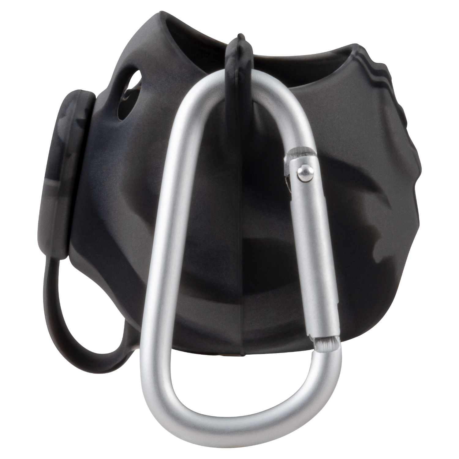 Black and gray protective mask with a silver carabiner. Black background.