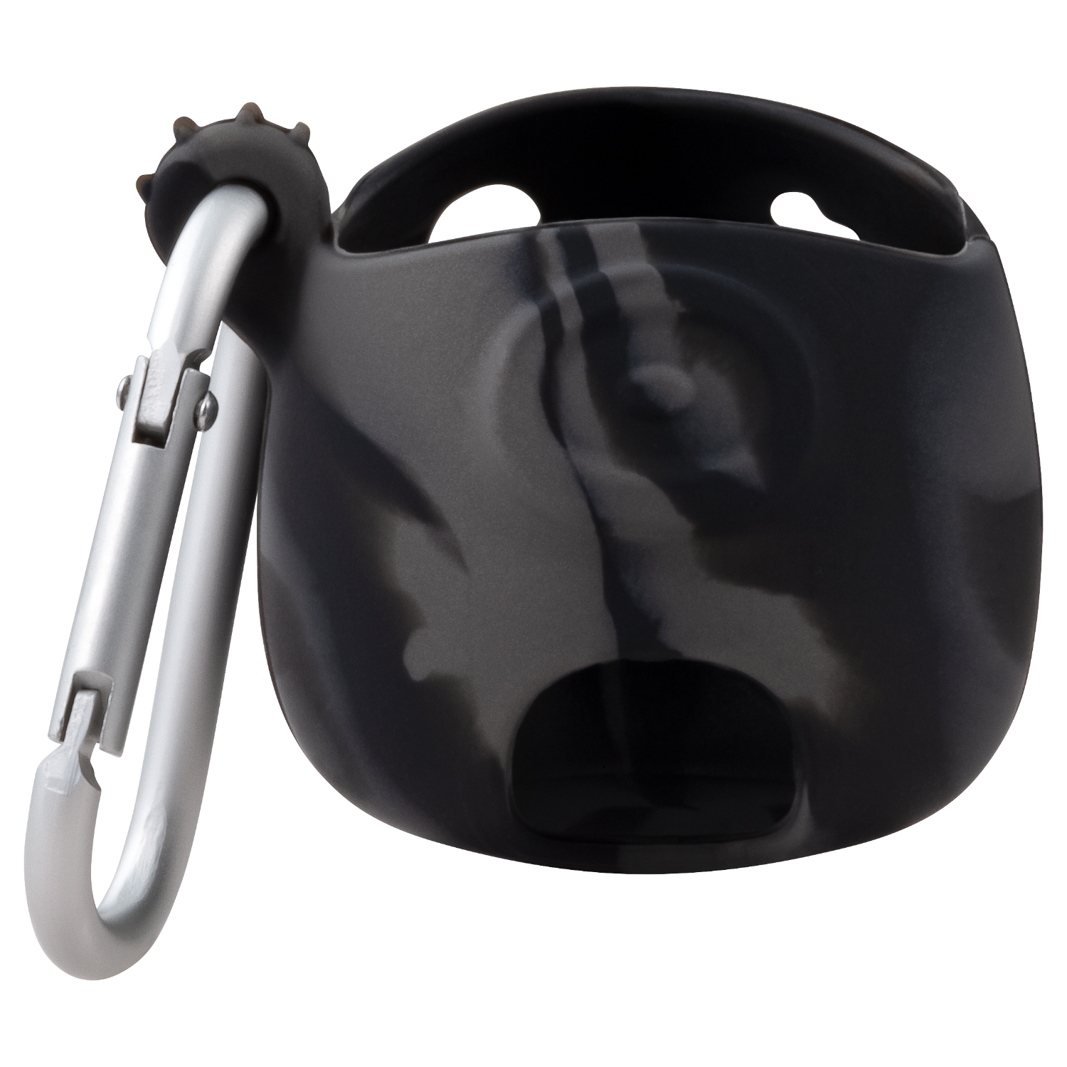 Black and gray camouflaged water bottle holder with a silver carabiner clip.